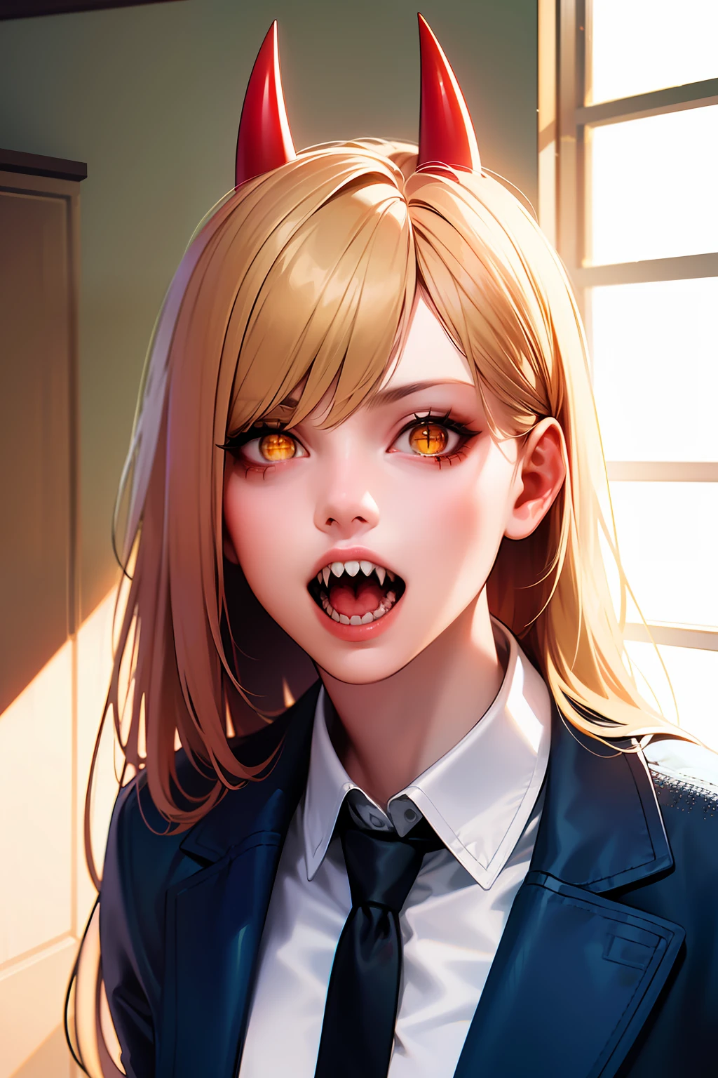 ultra realistic 8k cg, , masterpiece, (ultra detailed background, delicate pattern, intricate detail, highly detailed, fine details), best quality,  (photorealistic:1.4),beautiful lighting, absurdres, RAW photo, film grain, Power, 1girl, horns, solo, teeth, sharp teeth, open mouth, cross-shaped pupils, long hair, yellow eyes, ((blonde hair, small breasts)), red horns,  jacket, (complex detailed background, inside, kitchen environment, room, table, food, window, sunny, close-up, portrait), (((cross-shaped pupils, symbol-shaped pupils))), white shirt, pants, collared shirt, black necktie, blue jacket,