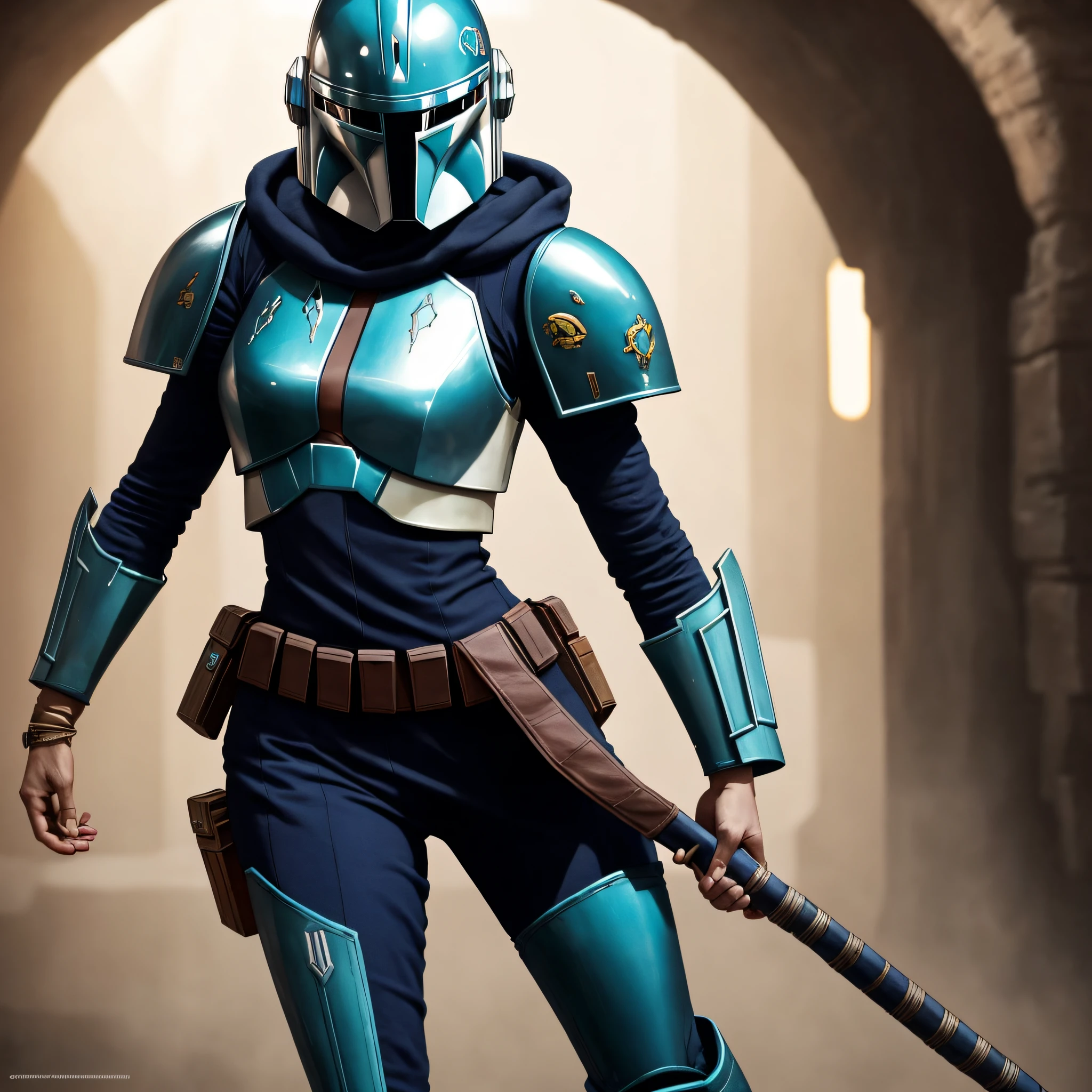 Capture the essence of Bo Katan, the fierce Mandalorian warrior, in an awe-inspiring full body portrait. This masterpiece will showcase her strength and determination. The image should be rendered in stunning high definition (HD) with hyperrealistic details, bringing out every intricate feature of her armor and facial expression. Let the resolution be a staggering 8K, ensuring the utmost clarity and lifelike representation. Pay careful attention to lighting and shadows, creating a dramatic atmosphere that accentuates her presence. This portrait should befit the walls of a gallery, showcasing Bo Katan as the epitome of Mandalorian might. --auto