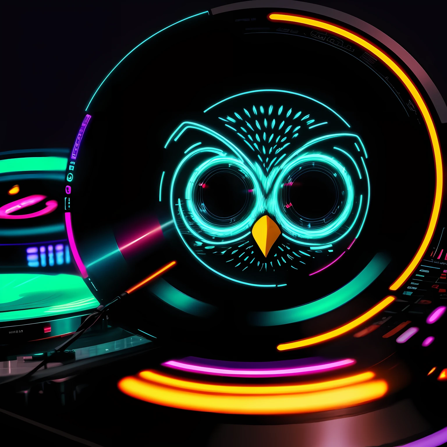 A cartoon owl, wearing a headphone, a set of disco clothes, spinning a vinyl record on a CDJ, rendered in a classic style of color photography and a subtle touch of neon lighting.