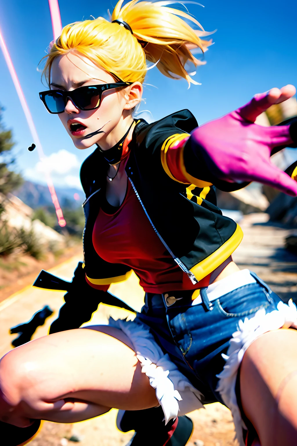 (((bare, greasy, slippers,,, wearing black and gold sunglasses, red shorts, denim jacket, white top, jeans, gloves, blonde, short hair, wave head, side split hair, blue eyes))), (((blonde)), dynamic pose, , depicts a group of characters in various action scenes, from intense combat to relaxing moments, with dramatic speed lines and bold sound effects, capturing the excitement and energy of the story, lasers emitted from the palm, attacking forward with the palm, Yellowstone, Grand canyon