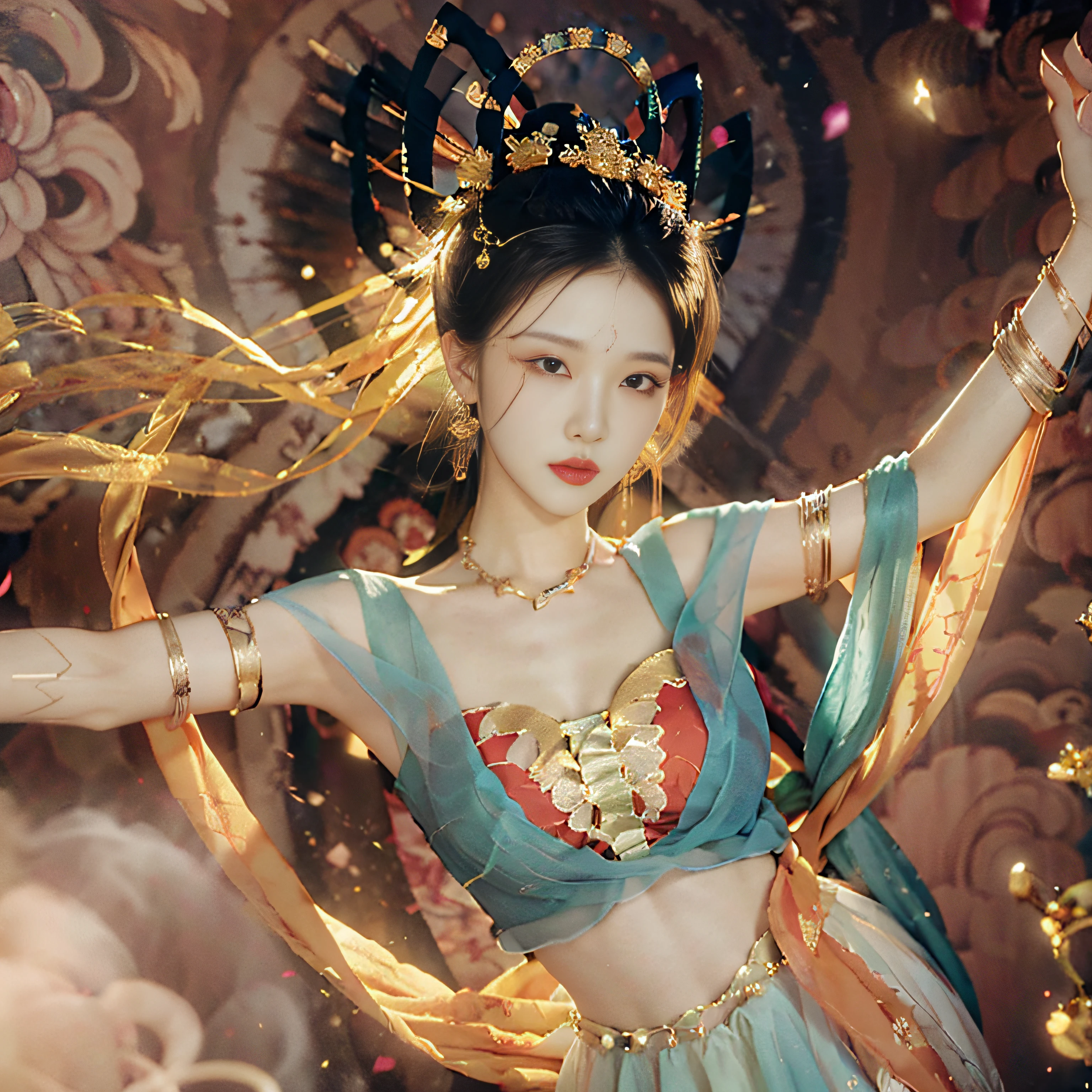 (8k, RAW photo, best quality, masterpiece: 1.2), (realistic, photorealistic photoreal: 1.4), (very detailed CG unity 8k wallpaper), (1 girl), dance, dunhuang_dress, dunhuang_style, dunhuang_background, one arm up, one hand to the viewer, gold ornaments, ancient Chinese hairstyle, tulle, streamers, light makeup, eye shadow, eyebrow mole, (face), Dynamic pose, background smoke surrounding, flower petals flying, details, jewelry, earrings, bracelets, shoulders, complex textures, busts