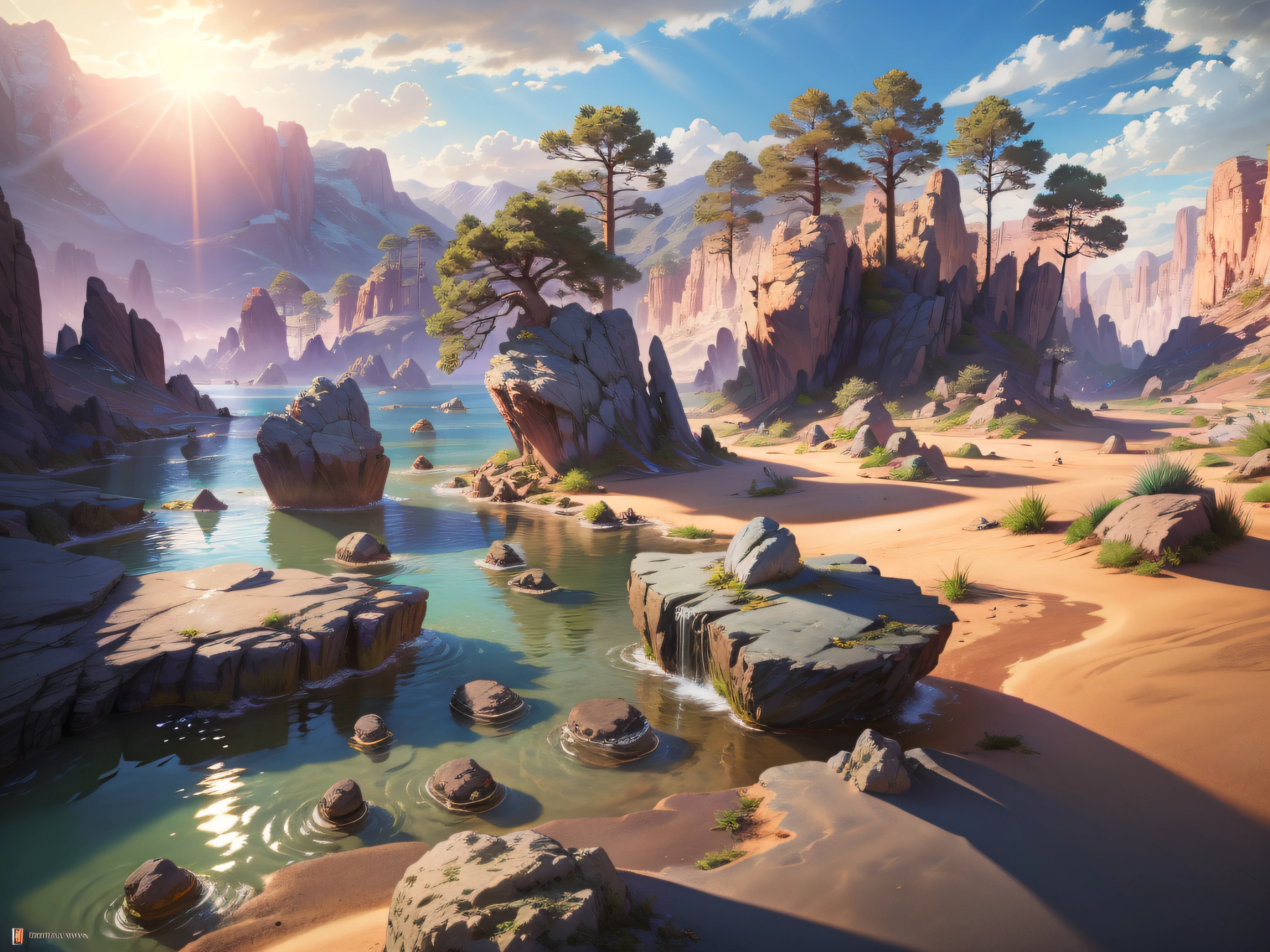 (Wide Lens, Ultra Wide Lens, Blurred Foreground, Blurred Background, Perspective: 1.5), Rocky Terrain, Oasis Oasis, Cascades, Hot, Arid Live, Vibrant: 1.3, Subsurface Scatter: 1.3, Ray Tracing: 1.5, Depth of Field: 0.6, Bokeh: 1.2, God Ray: 1.5, Vivid Colors: 0.5, Cinematic Hard Lighting: 0.5, Realistic Shadows: 0.9,