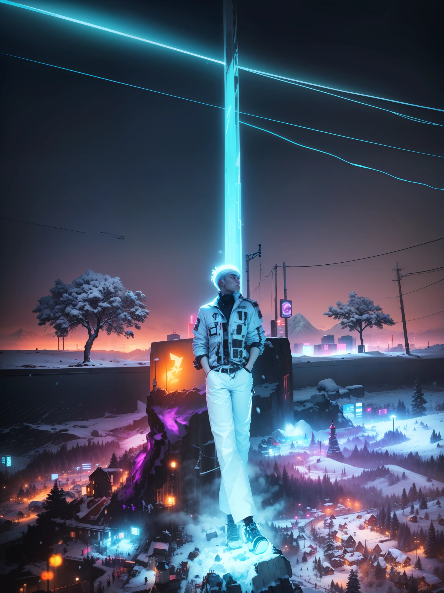 Change the color of shirt in white (snow falling in background) cyberpunk neon city in background with mountain