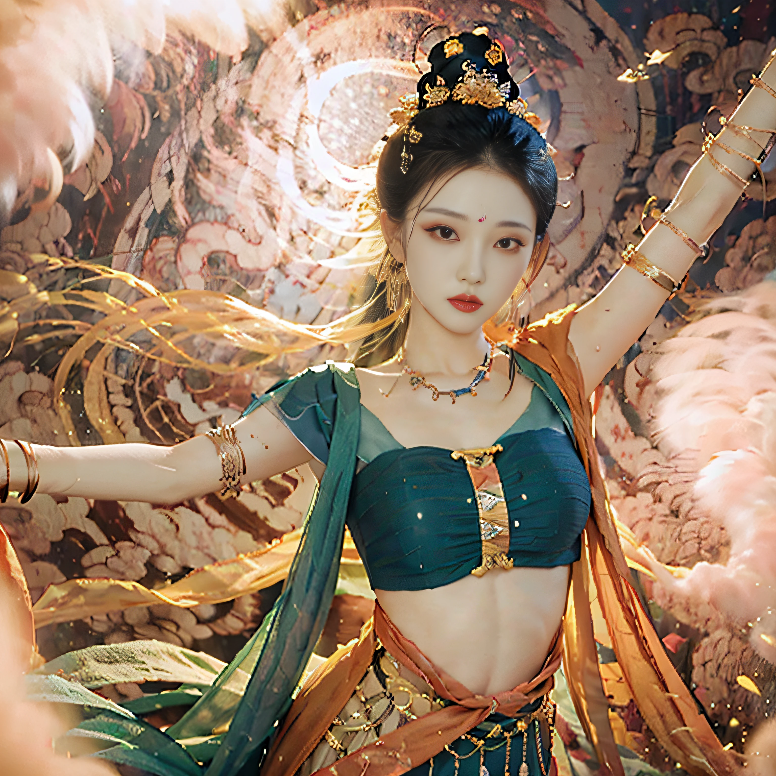(8k, RAW photo, best quality, masterpiece: 1.2), (realistic, photorealistic photoreal: 1.4), (very detailed CG unity 8k wallpaper), (1 girl), dance, dunhuang_dress, dunhuang_style, dunhuang_background, one arm up, one hand to the viewer, gold ornaments, ancient Chinese hairstyle, tulle, streamers, light makeup, eye shadow, eyebrow mole, (face), Dynamic pose, background smoke surrounding, flower petals flying, details, jewelry, earrings, bracelets, shoulders, complex textures, busts