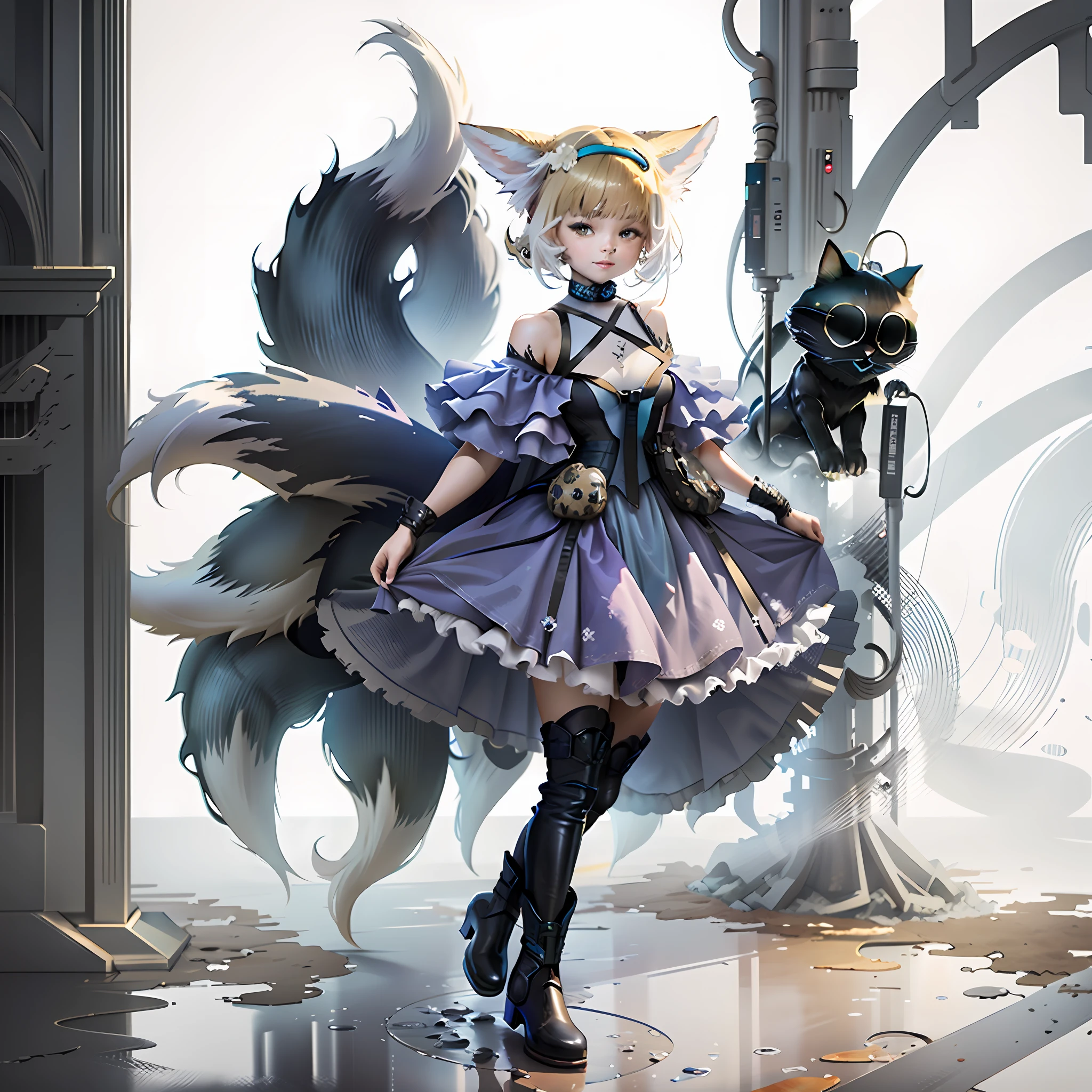 a picture of a girl in a blue dress and black boots, lithe, in elegant decollete, light novel cover art, in the style artgerm, cyarine, style artgerm, shadowverse style, epic light novel art cover, elegant cat, artgerm on artstation pixiv, style ivan talavera and artgerm