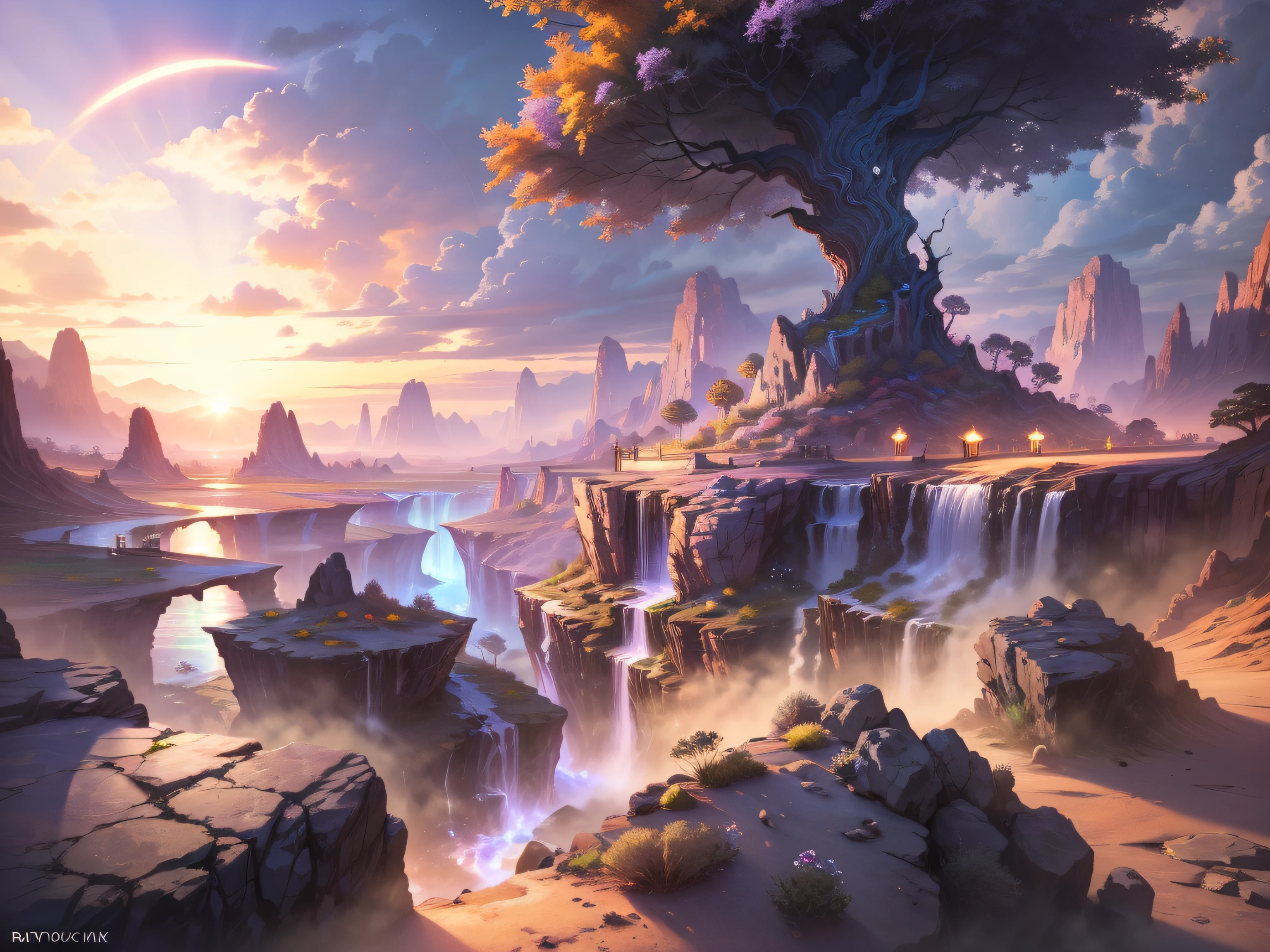 (Wide Lens, Ultra Wide Lens, Blurred Foreground, Blurred Background, Perspective: 1.5), Rocky Terrain, Oasis Oasis, Cascades, Hot, Arid Live, Vibrant: 1.3, Subsurface Scatter: 1.3, Ray Tracing: 1.5, Depth of Field: 0.6, Bokeh: 1.2, God Ray: 1.5, Vivid Colors: 0.5, Cinematic Hard Lighting: 0.5, Realistic Shadows: 0.9,