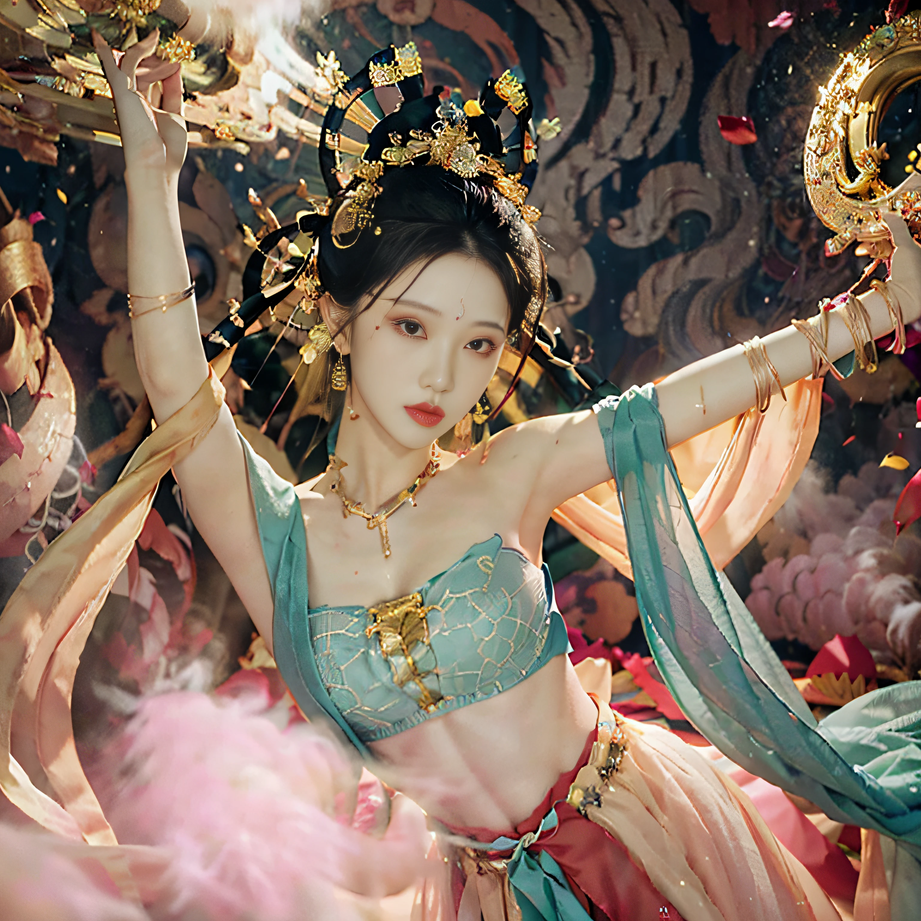 (8k, RAW photo, best quality, masterpiece: 1.2), (realistic, photorealistic photoreal: 1.4), (very detailed CG unity 8k wallpaper), (1 girl), dance, dunhuang_dress, dunhuang_style, dunhuang_background, one arm up, one hand to the viewer, gold ornaments, ancient Chinese hairstyle, tulle, streamers, light makeup, eye shadow, eyebrow mole, (face), Dynamic pose, background smoke surrounding, flower petals flying, details, jewelry, earrings, bracelets, shoulders, complex textures, busts