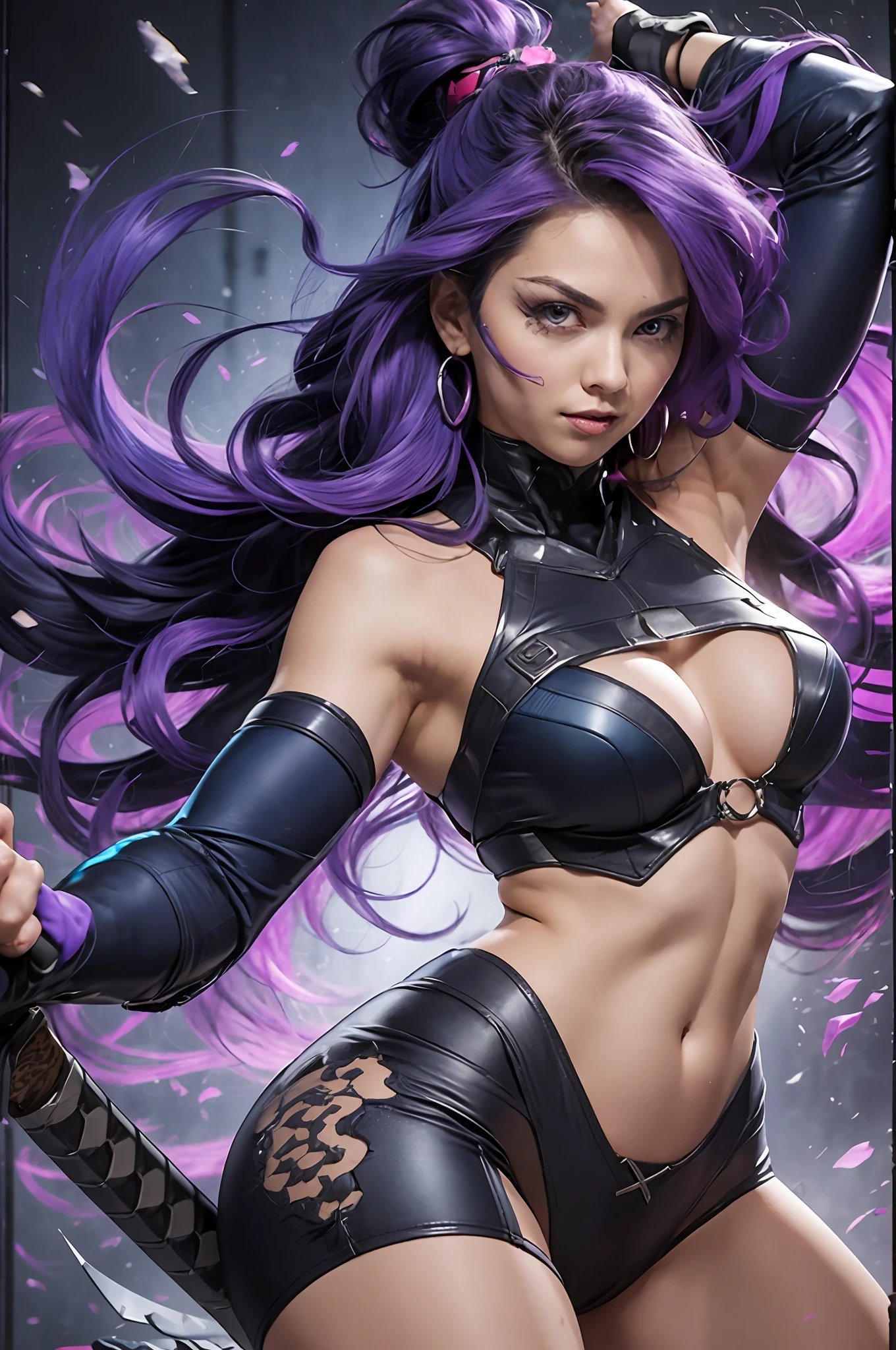 4K, x-men, psyloke, sexy woman, muscular body, purple hair, blue mayor, blue panties, holding katana, long hair, fighting pose, blue outfit.