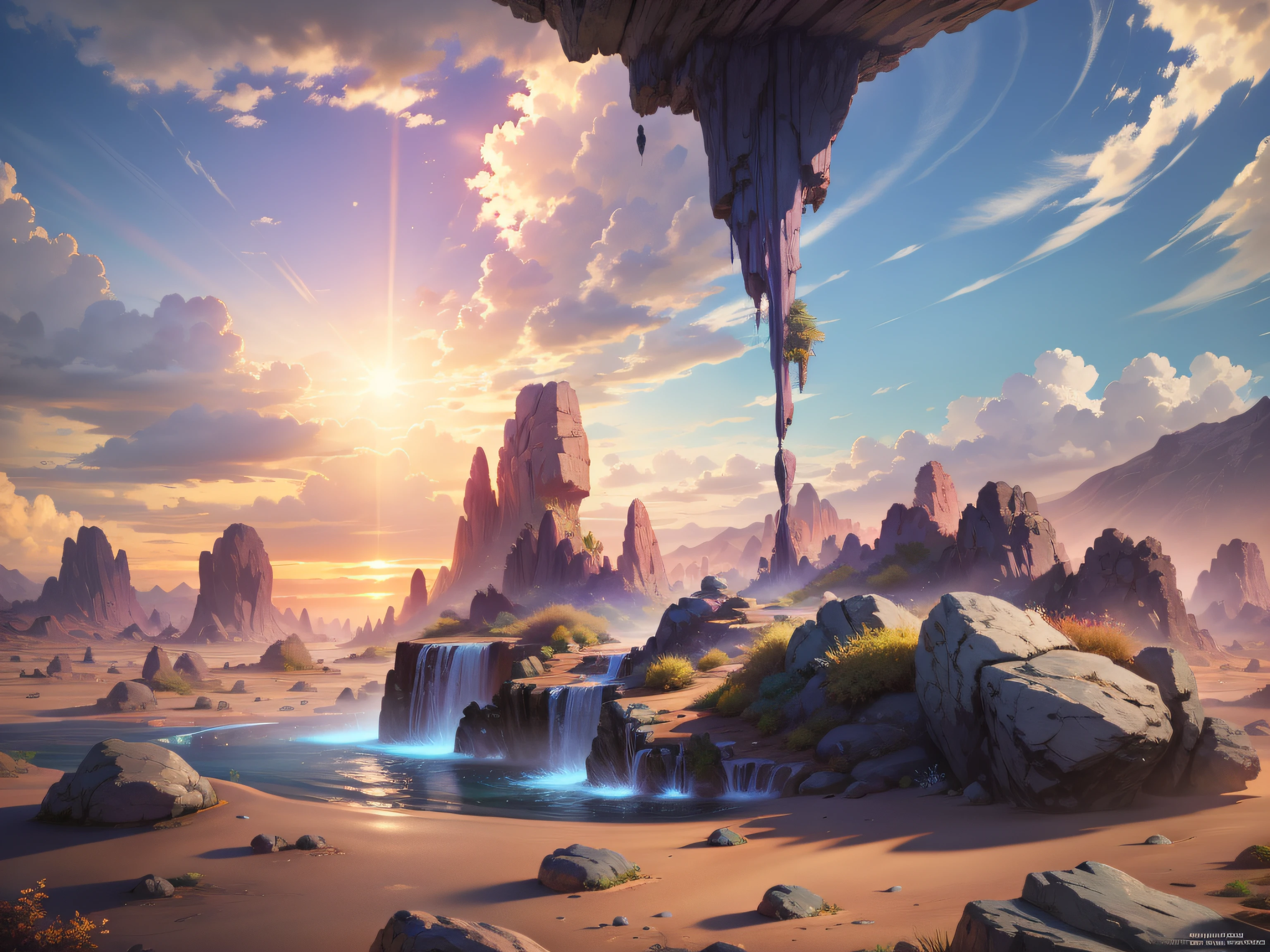 (Wide Lens, Ultra Wide Lens, Blurred Foreground, Blurred Background, Perspective: 1.5), Rocky Terrain, Oasis Oasis, Cascades, Hot, Arid Live, Vibrant: 1.3, Subsurface Scatter: 1.3, Ray Tracing: 1.5, Depth of Field: 0.6, Bokeh: 1.2, God Ray: 1.5, Vivid Colors: 0.5, Cinematic Hard Lighting: 0.5, Realistic Shadows: 0.9,