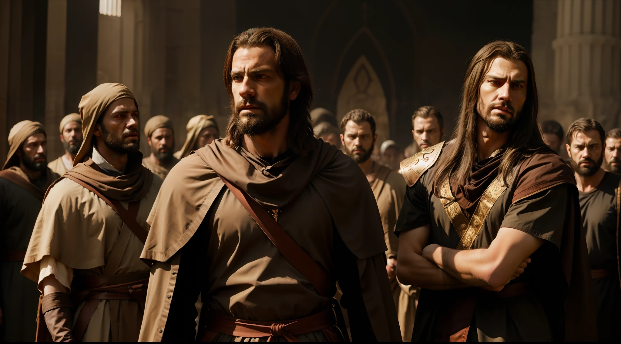 people before a cruel king, biblical clothes, biblical times, biblical image, cinematic, cinematic light, 8k, ultra realistic