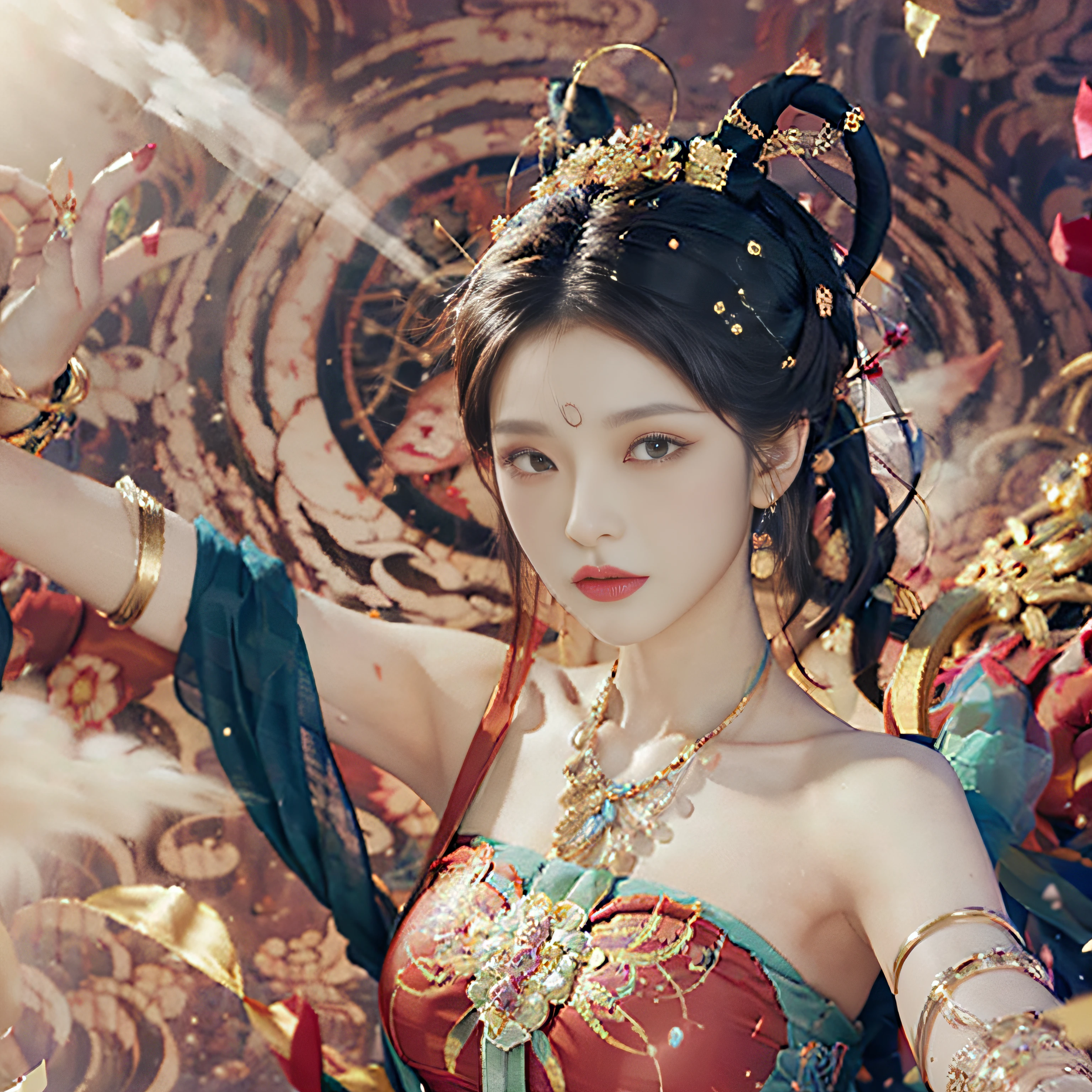 (8k, RAW photo, best quality, masterpiece: 1.2), (realistic, photorealistic photoreal: 1.4), (very detailed CG unity 8k wallpaper), (1 girl), dance, dunhuang_dress, dunhuang_style, dunhuang_background, one arm up, one hand to the viewer, gold ornaments, ancient Chinese hairstyle, tulle, streamers, light makeup, eye shadow, eyebrow mole, (face), Dynamic pose, background smoke surrounding, flower petals flying, details, jewelry, earrings, bracelets, shoulders, complex textures, busts