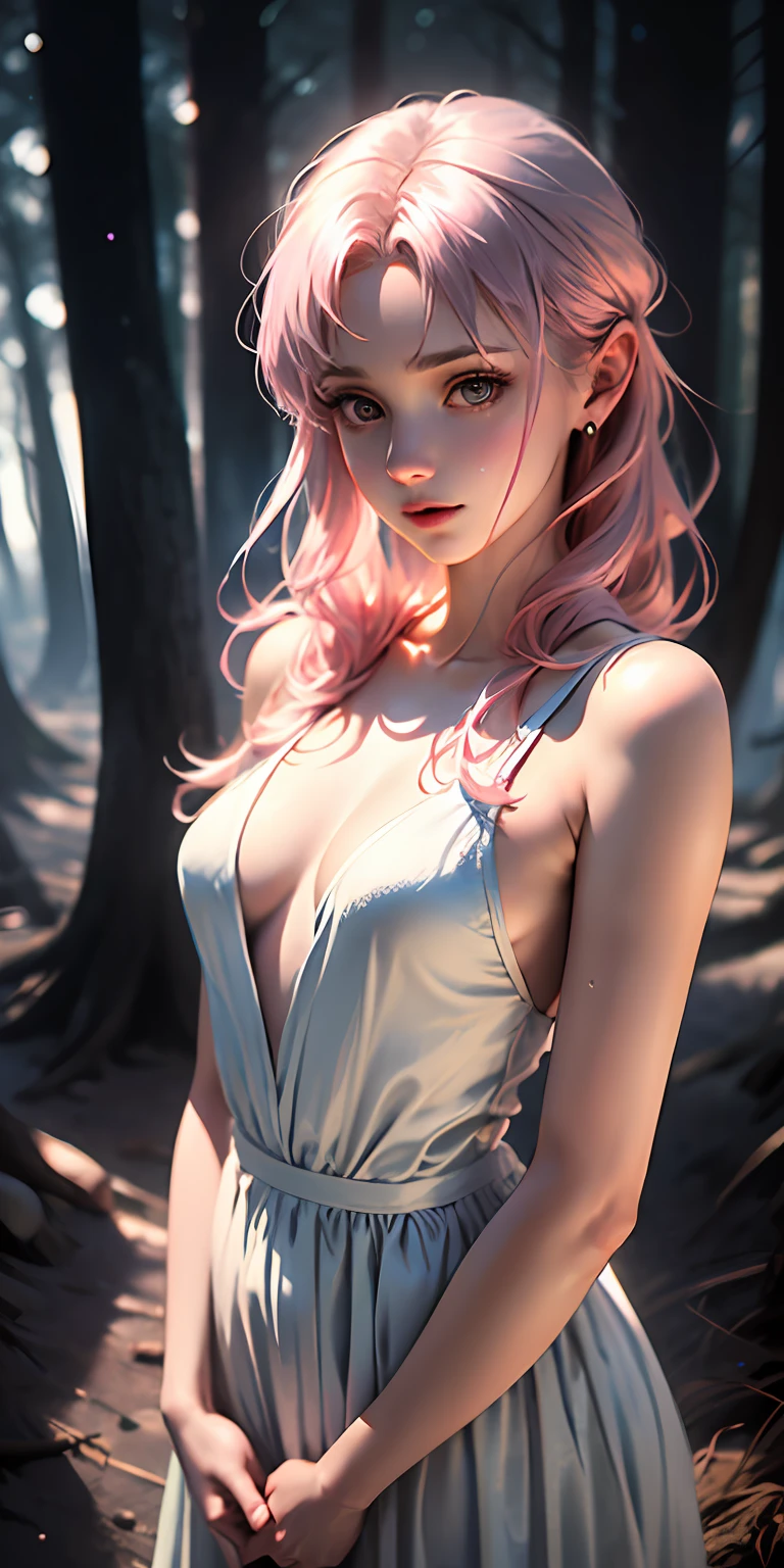 (Super Realistic: 1.3), (Masterpiece: 1.4), Best Quality, ((Real)), High Quality, Ultra Detailed, ((Real Image)), ((Realistic Skin)), ((Realistic Face)) High Detail, Photoreal, 8K, High Nose, Detailed Skin, Detailed Eyes, Detailed Eyes, Beautiful Shaped Breasts, Moonlight, Gentle Light, Perfect Starry Sky, In the Forest, Beautiful Girl, Plain Dress, Simple Dress, Thin Fabric Dress, Dress with little fabric, (long eyelashes), lower eyelashes, black eyeliner, short bob, full body, perfect figure, silver accessories, chrome hearts, small breasts, open chest, pink hair, ghibli, firefly-like light, soap bubbles, wide-angle lens, high-performance camera