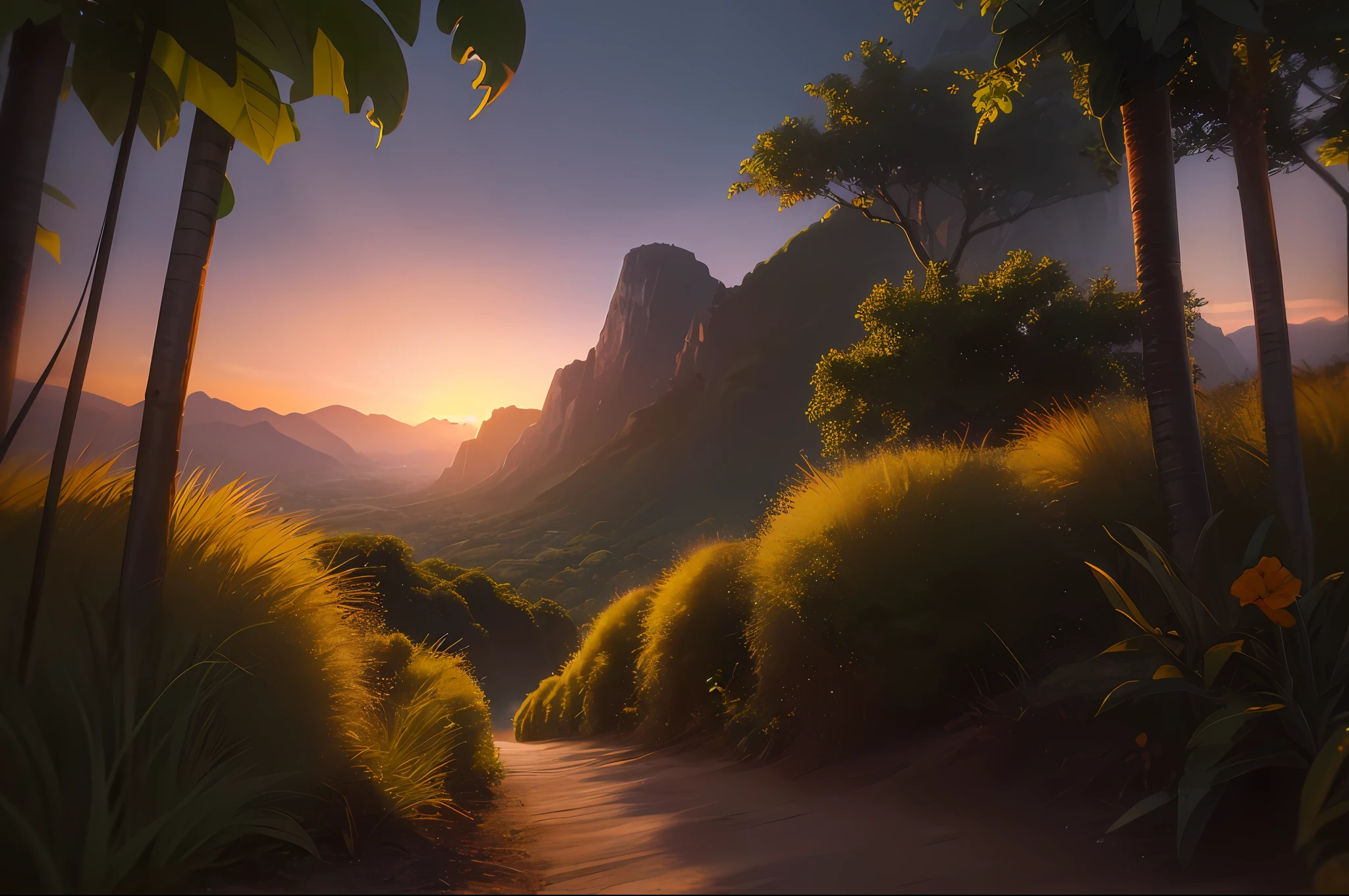 (masterpiece:1.15), (best quality:1.15), (detailed:1.1), (highres:1.1), 50mm lens, f/22, ISO 100, booscapes, nature, sky and ground, Jungle at Dusk, color grading, natural light