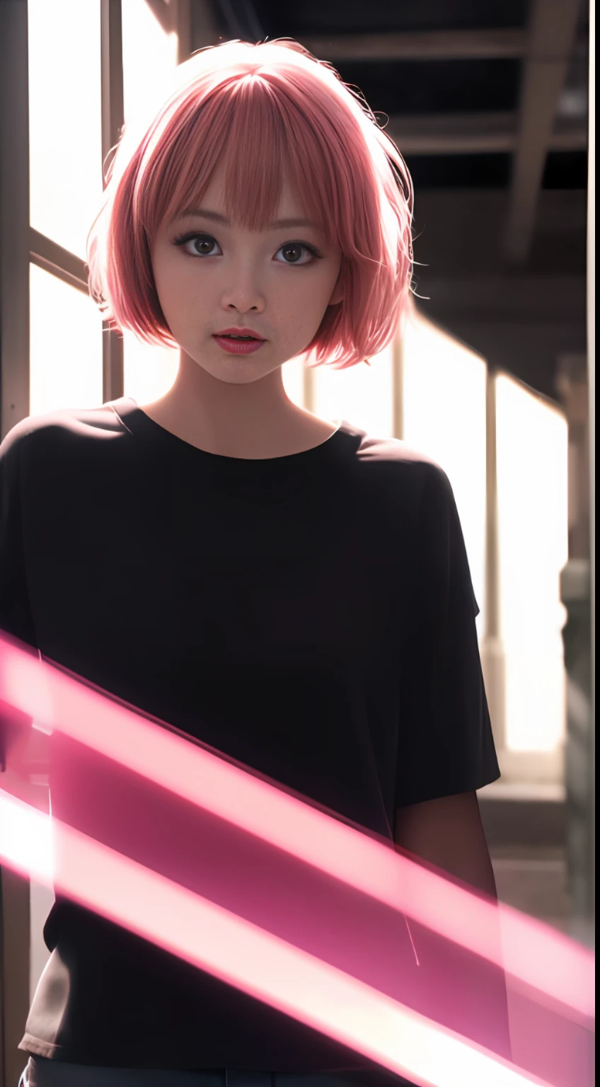 (HD cinematography), (upper blody), (highs quality), (aesthetic clothings), (professional angle), (Rule of Thirds), (Bright)，girl， single， the best quality t，   bella， ，Pink short hair