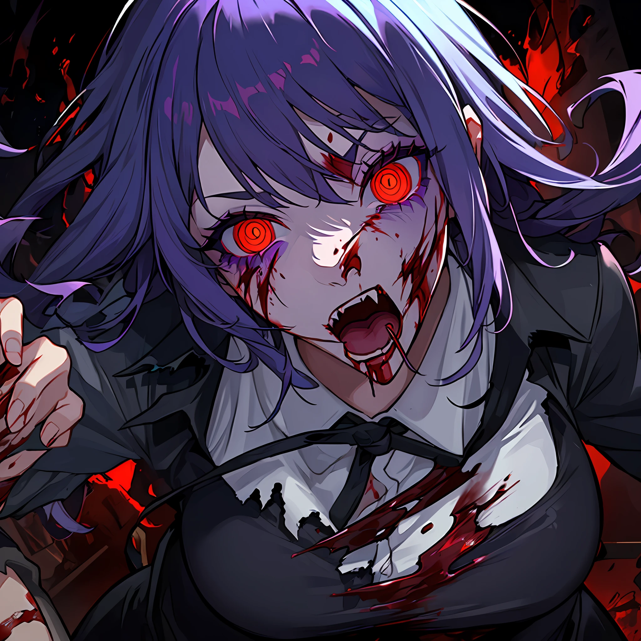 (((1 girl))), (solo)))), ((messy hairstyle)), (((blue-purple hair)), red eyes, soft shirt with blood stains on face, torn clothes, glowing eyes, swirl eyes, evil, blood on the face, blood on clothes, blood, corpse, open blood basin, showing fangs, all zombies