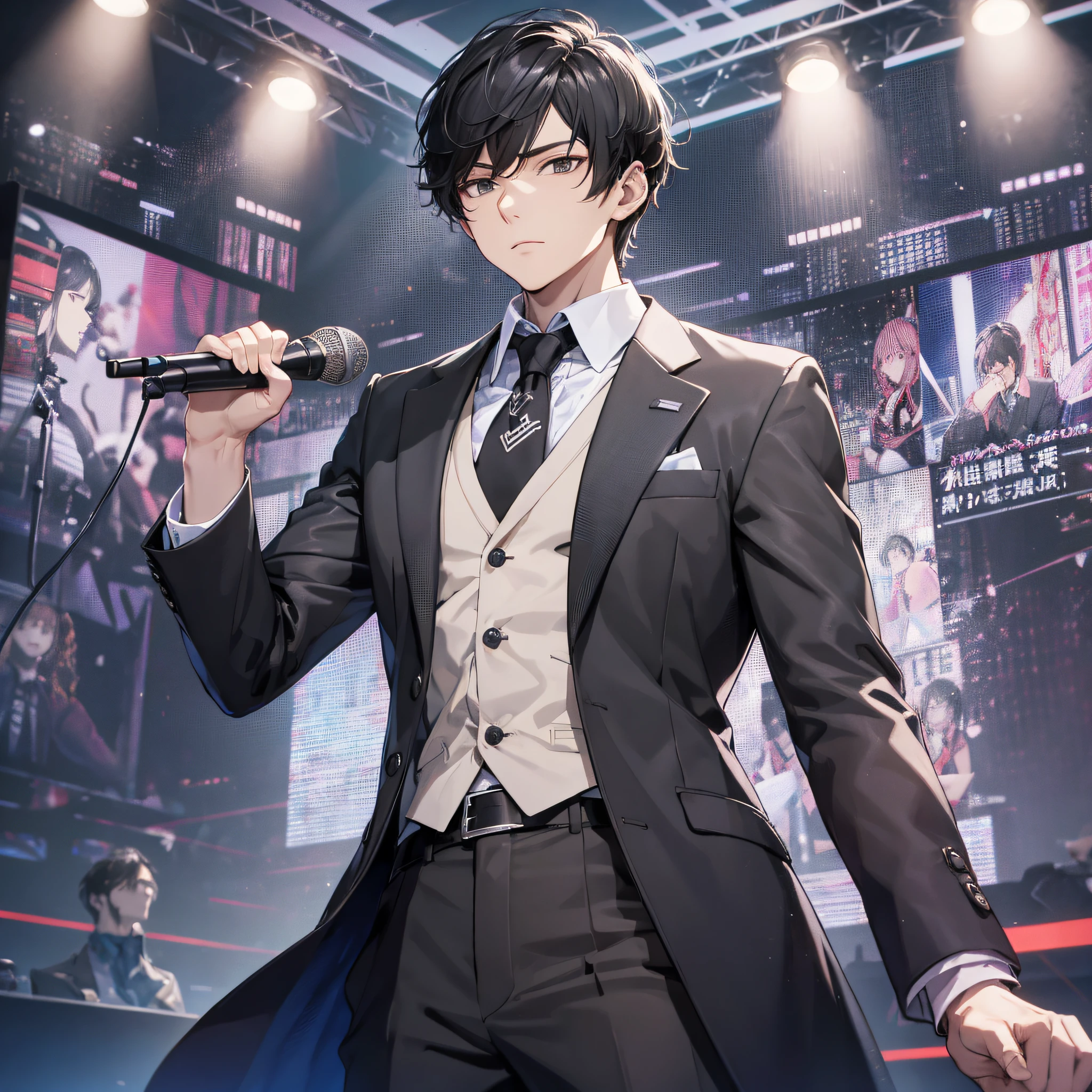 Ridiculous resolution, high resolution, (masterpiece: 1.4), hyper-detail, talk show stage, young man neat short black hair, black suit, holding a microphone, serious expression