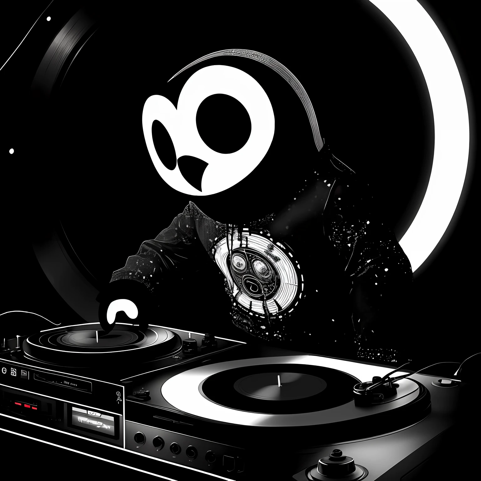 A cartoon owle, wearing a hadphone, a set of disco clothes, spinning a vinyl record on a CDJ, rendered in a classic black and white photography style with a vintage-inspired grainy texture and a subtle hint of neon lighting.