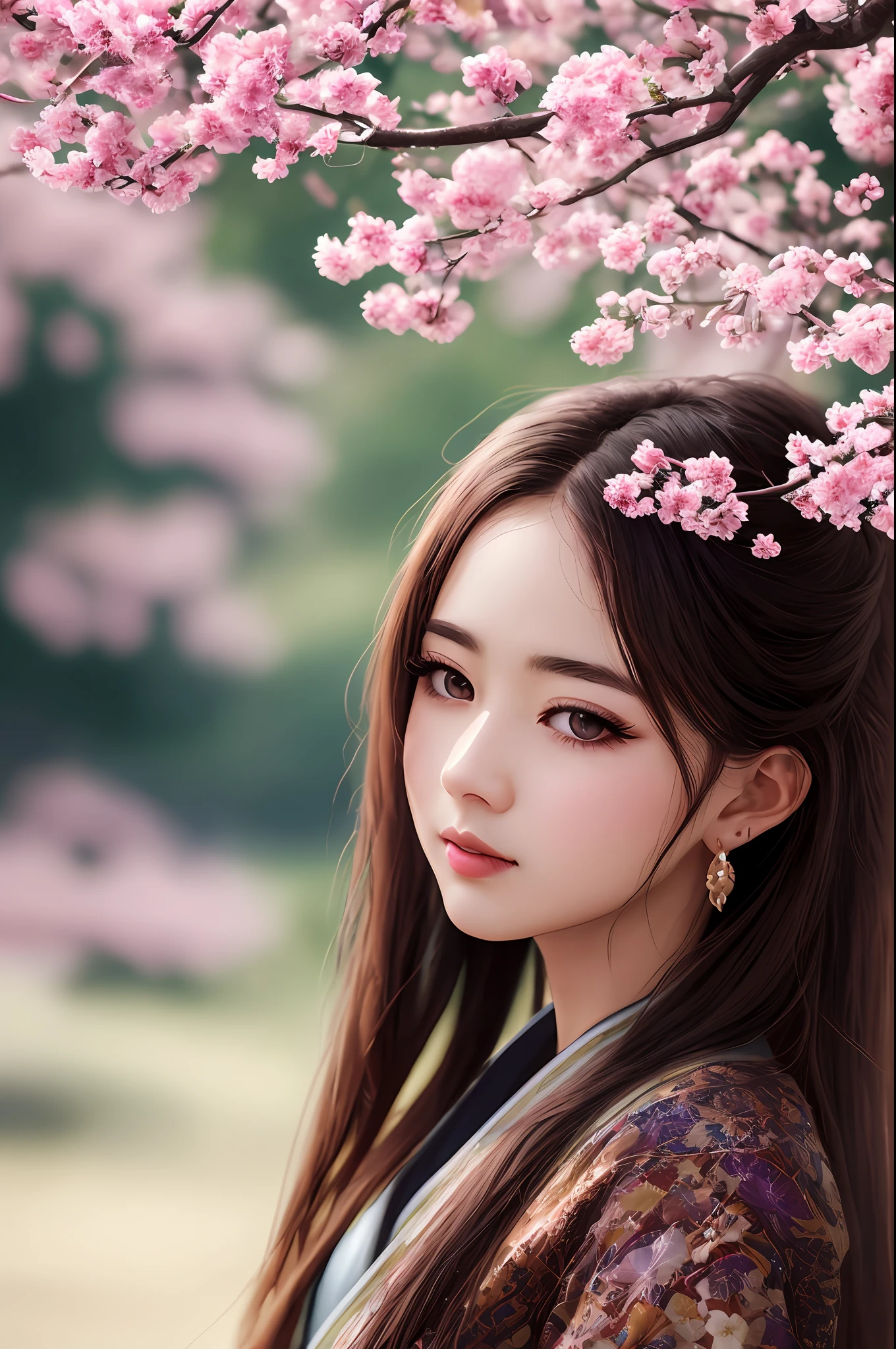 Masterpiece, extremely detailed CG unity 8k wallpaper, 1 girl, beautiful, realistic, blur, blurred background, blurred foreground, branches, brown hair, plum blossoms, depth of field, earrings, flowers, jewelry, nose, realism, solo, hanfu, finger hidden, arm hidden