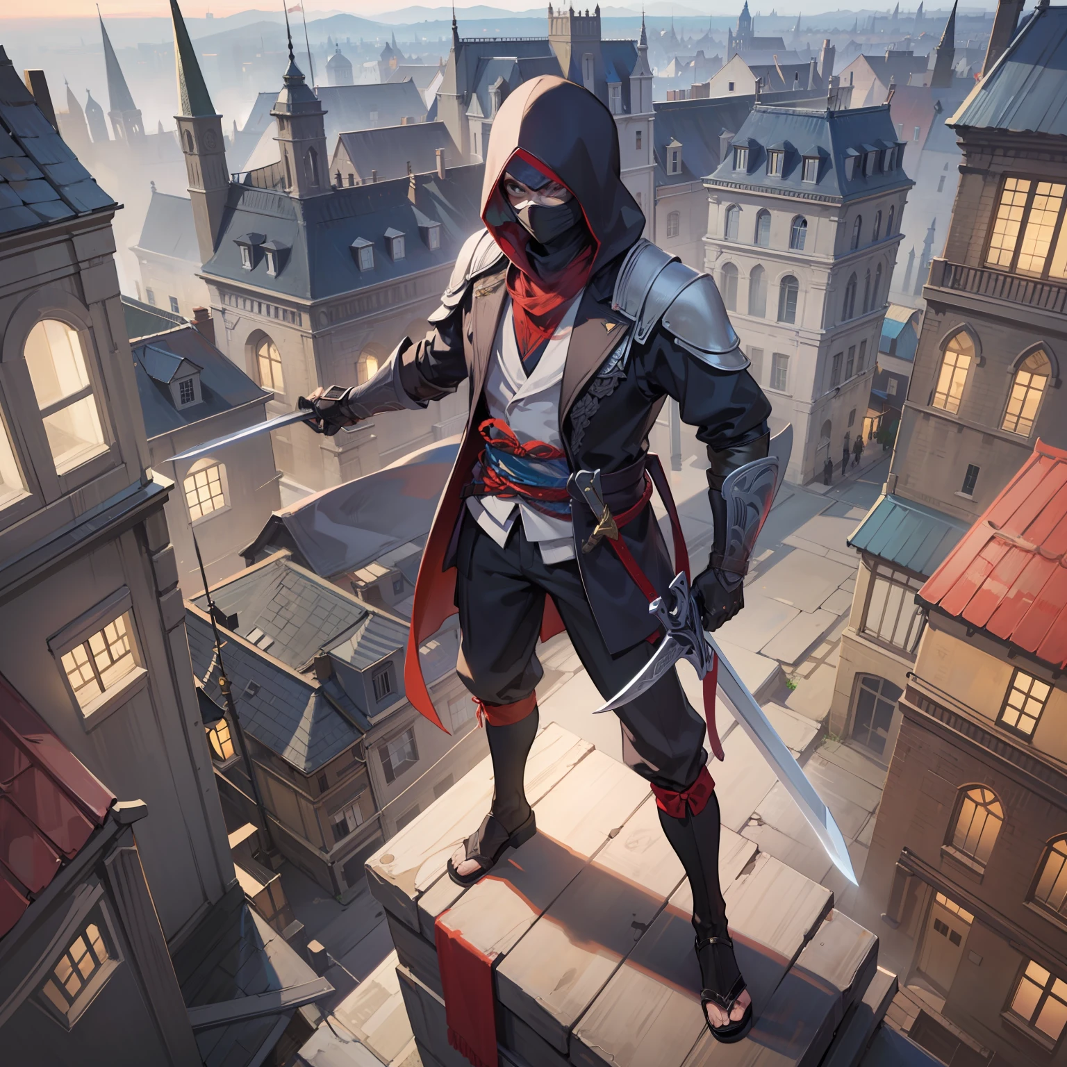 A masked killer in a night suit, a ninja. With a sword on his back and a dagger in his hand. The background is medieval European city rooftops, streets, Assassin's Creed style