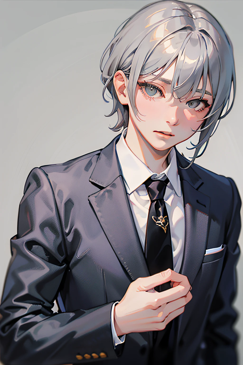Top quality, neutral, gray hair, one eye hidden, gray eyes, suit
