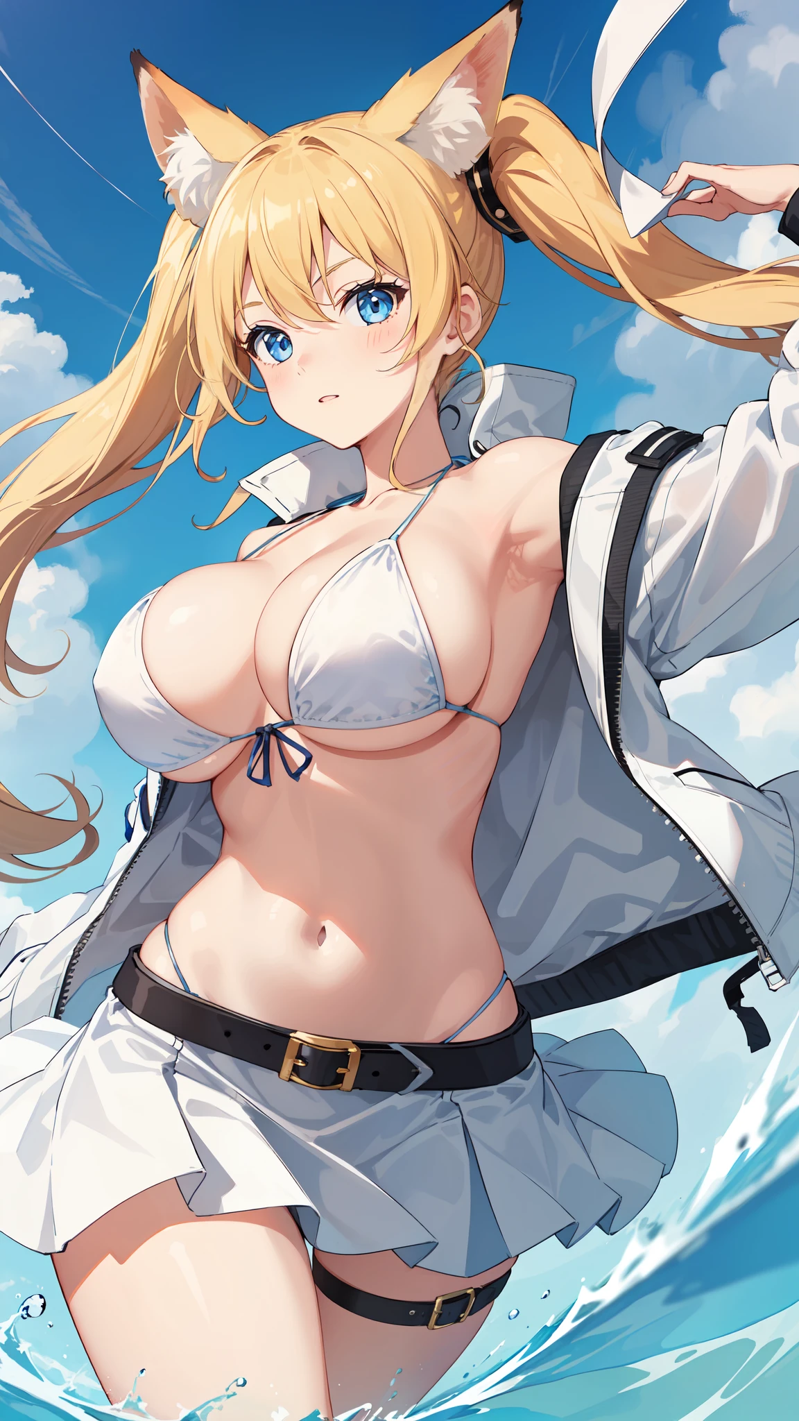 1girl, solo, big fox ears, short twin tails, huge breasts, twin tails, blonde hair, light blue eyes, white jacket, shoulderless jacket, (string bikini), thigh strap, (white skirt, belt),view from below,dynamic pose