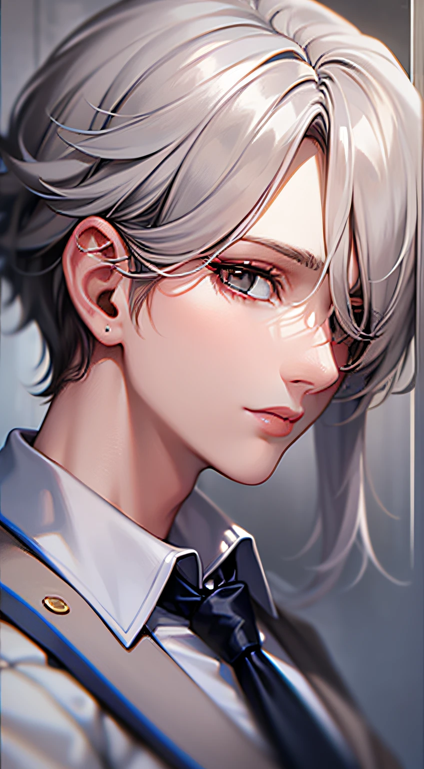 Top quality, neutral, gray hair, one eye hidden, gray eyes, suit