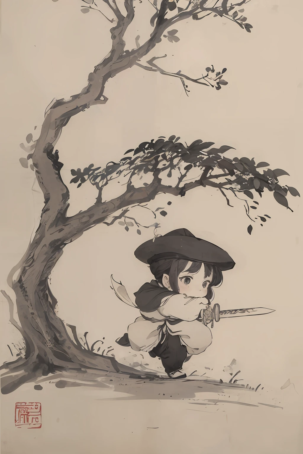 (Masterpiece, best quality: 1.2), traditional Chinese ink painting, very cute child, holding a sword, under a big tree, leaves falling