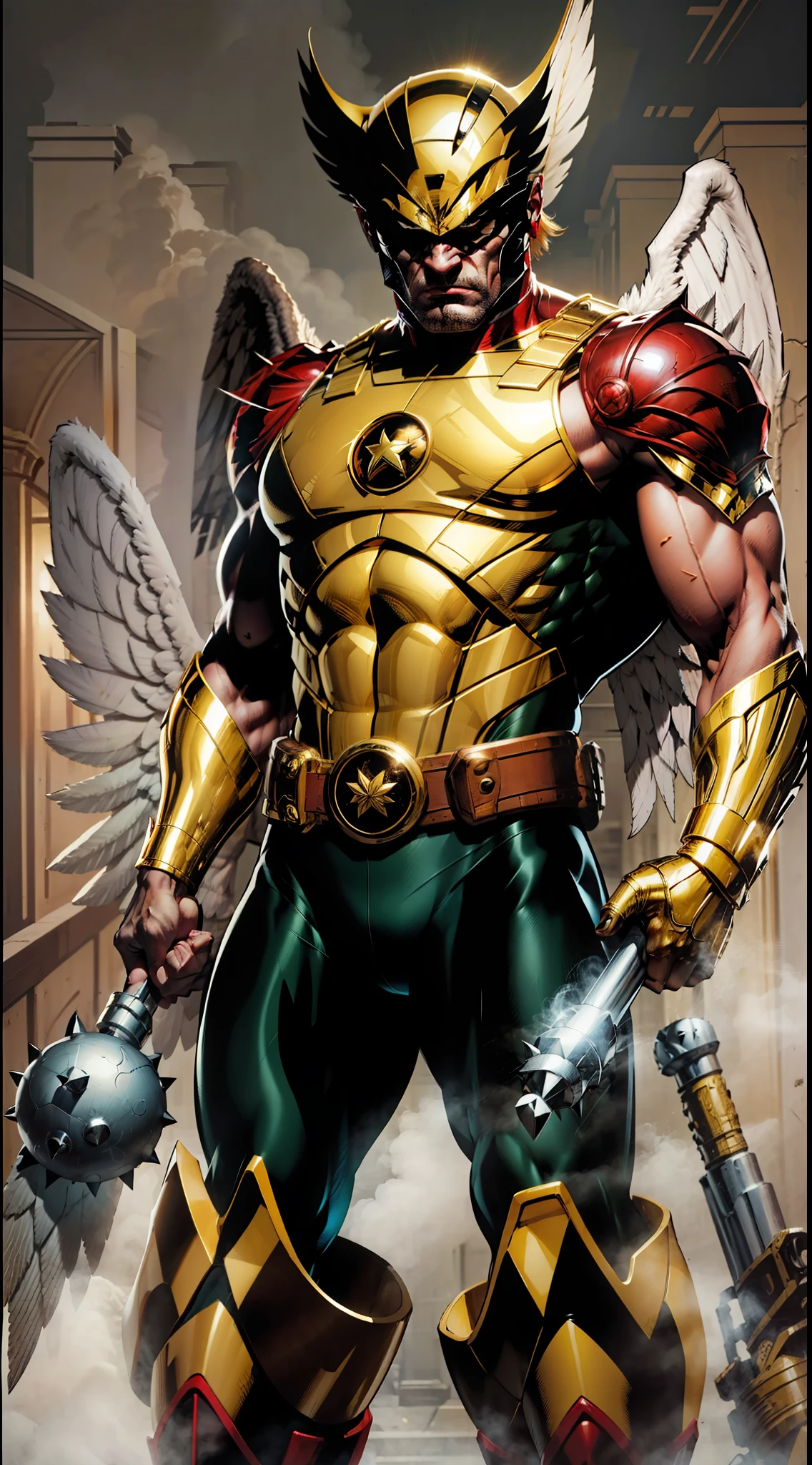 Hawkman ((Carter Hall)), DC Comics, short hair, tall, hunk, muscular, shirtless (no chestplate), clean shaven, ((big all head covered golden helmet)), golden little wings on the ears of the helmet, huge brown feathers angle wings, golden belt, holding a spike mace, 2 golden strap goes around the upper body, a black and red hawk head symbol on the chest, dark green and brown color leggings, golden boots, best quality, masculine pose, masterpiece, white eyes, no pupils, angry face, high detailed