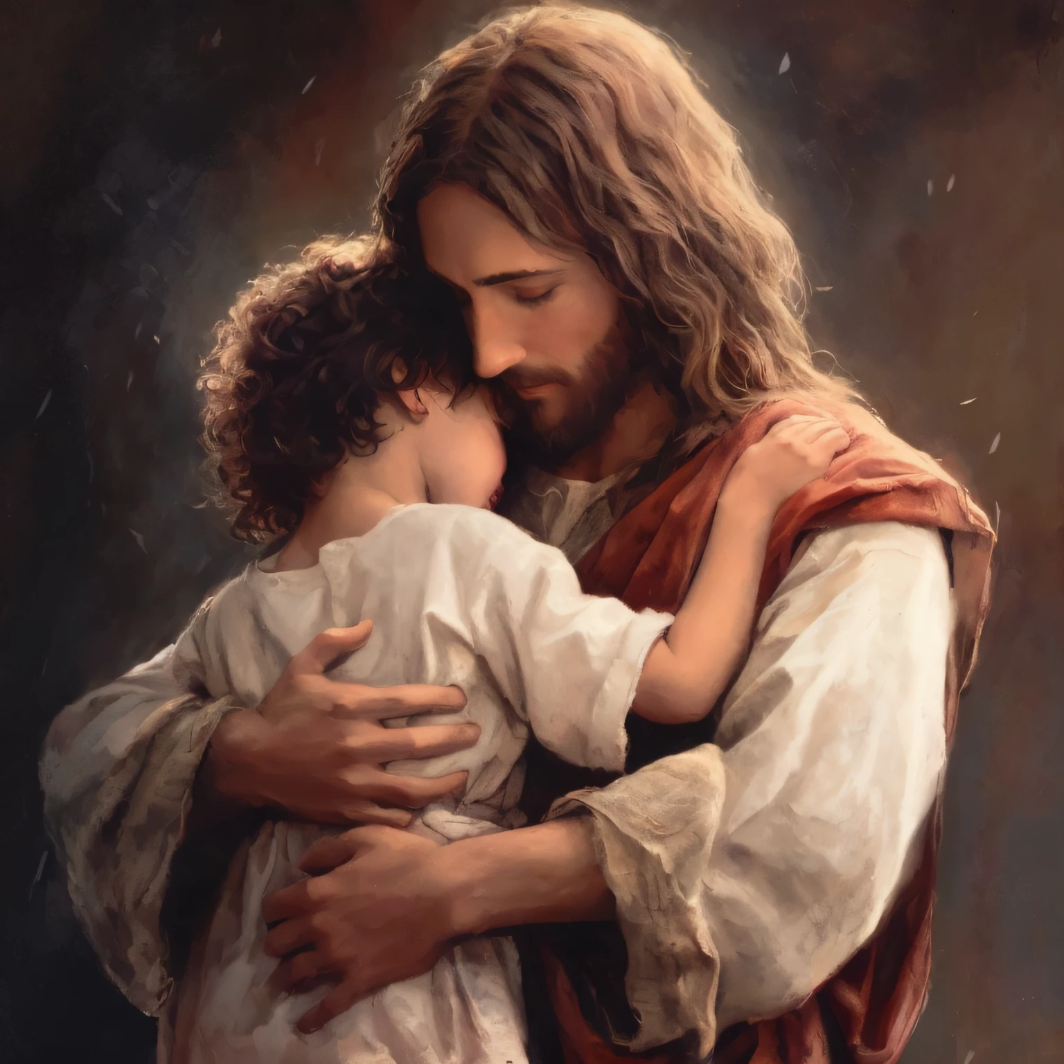 jesus holding a child in his arms and hugging him, jesus hugging a woman, jesus christ, greg olsen, ! holding in his hand !, beautiful depiction, christian art, the lord and savior, by László Balogh, he has a treasure with him, beautiful image ever created, unconditional love, jesus, by Roman Bezpalkiv, beautiful art --auto