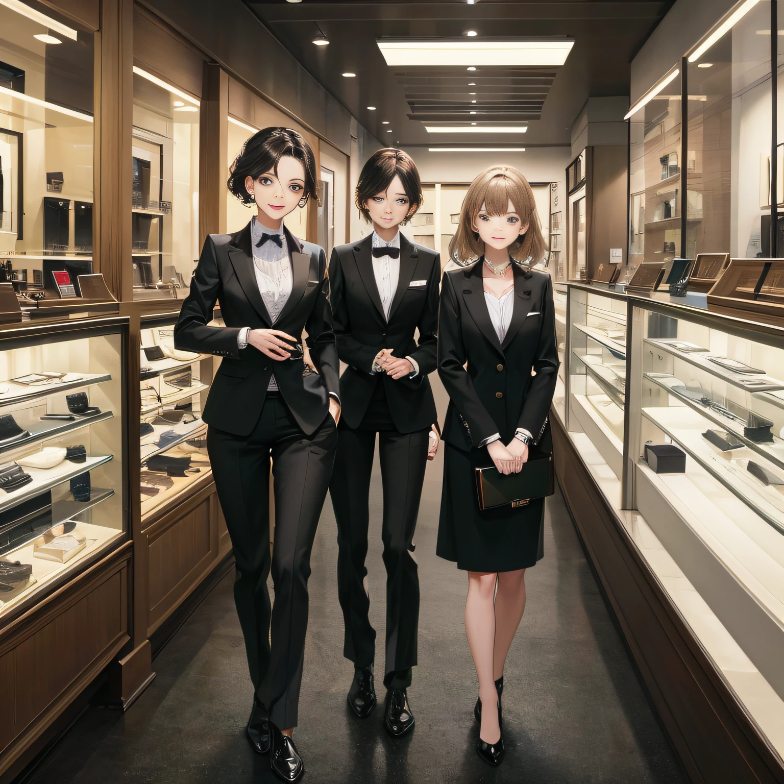 Masterpiece, the best picture quality, standing in a watch store, high-end luxury, two watch shop female clerks in professional suits greeted with a smile,