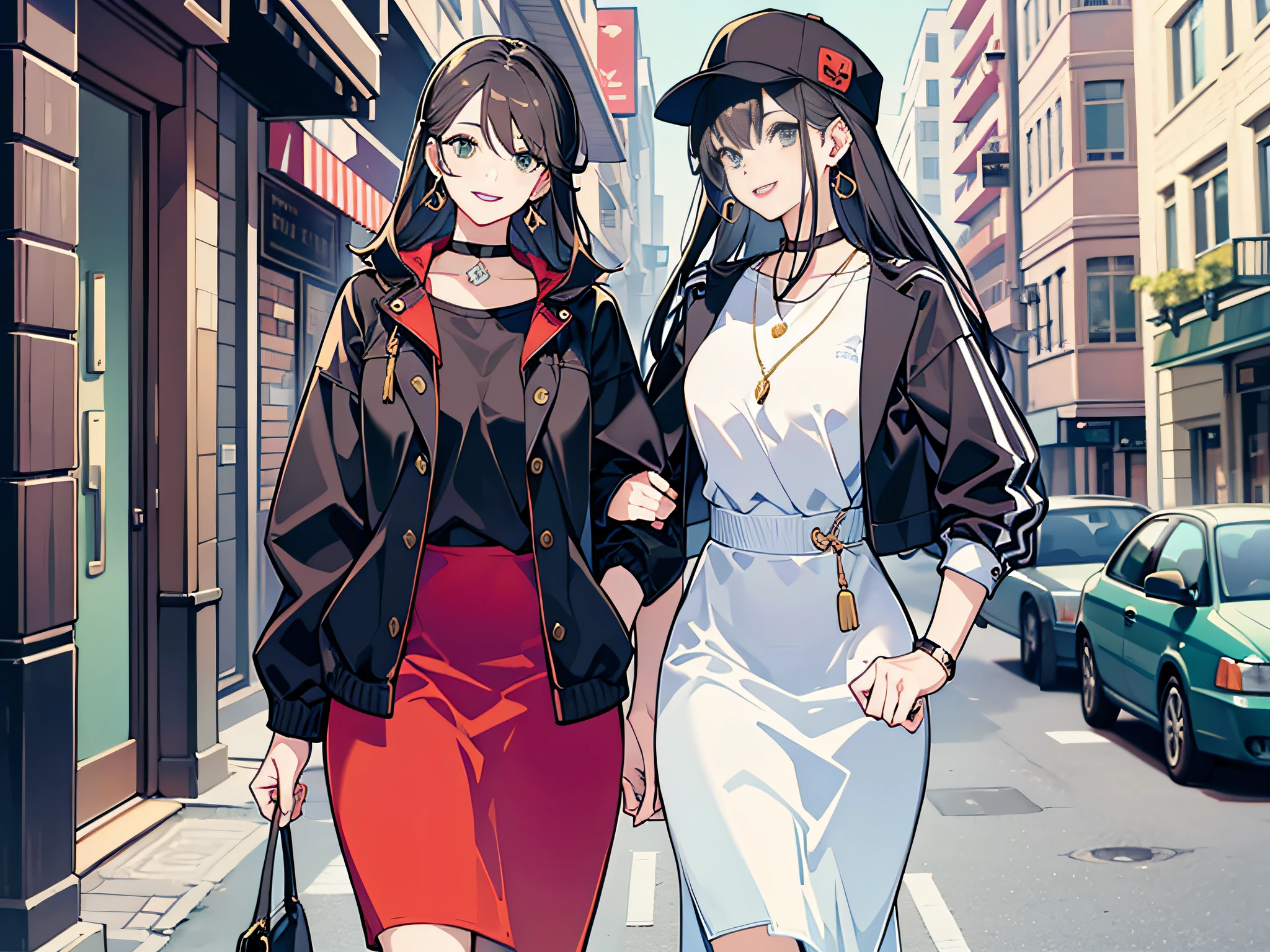 Masterpiece, Superb 2 People, Couple, 1man with 1woman, Height difference, Happy, Love, Smile, Casual wear, Oversized, Different fashions, Urban Street, Hand in Hand, Hat