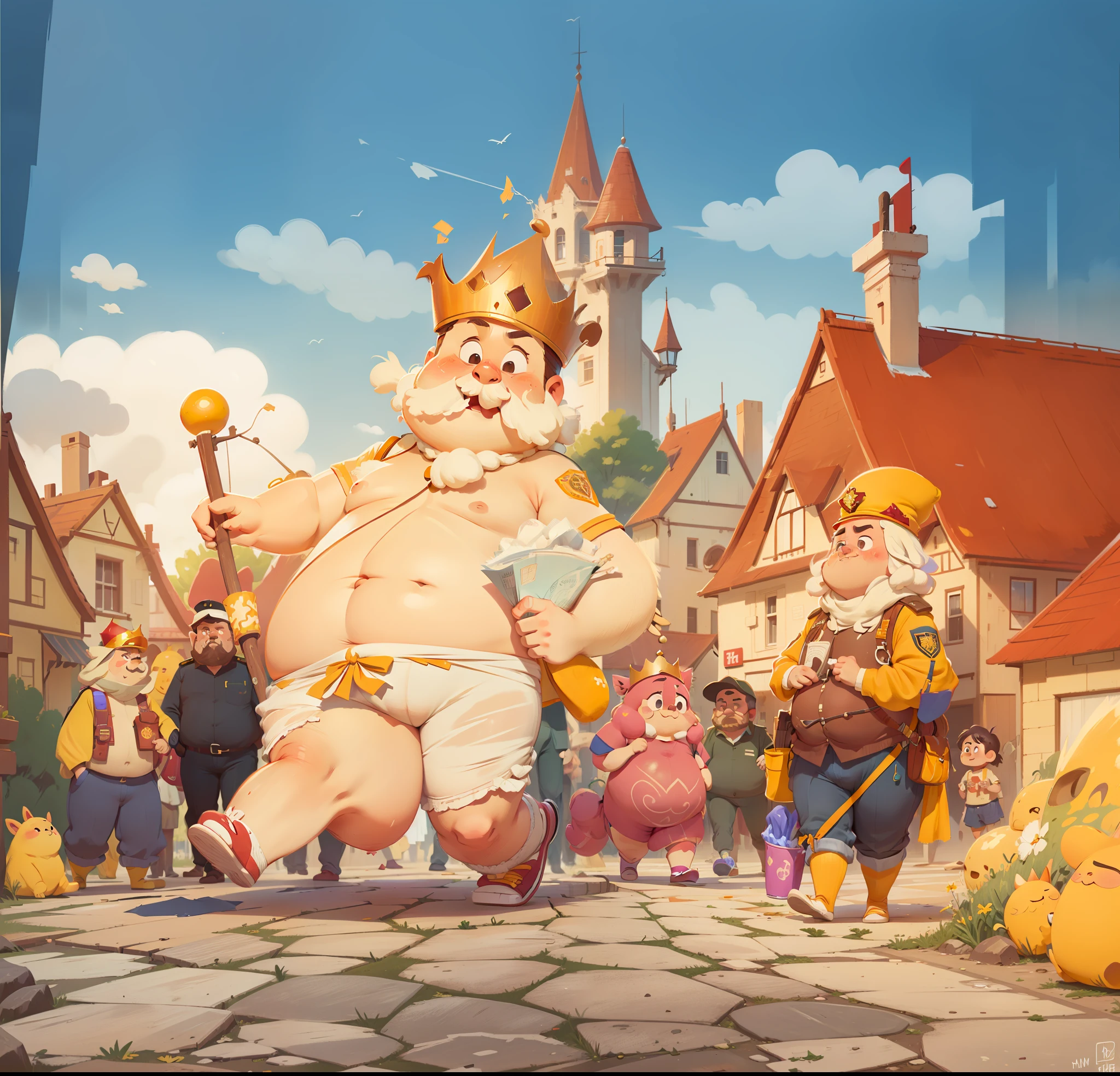 The naked fat king in white panties walked down the street, followed by a guard, a masterpiece