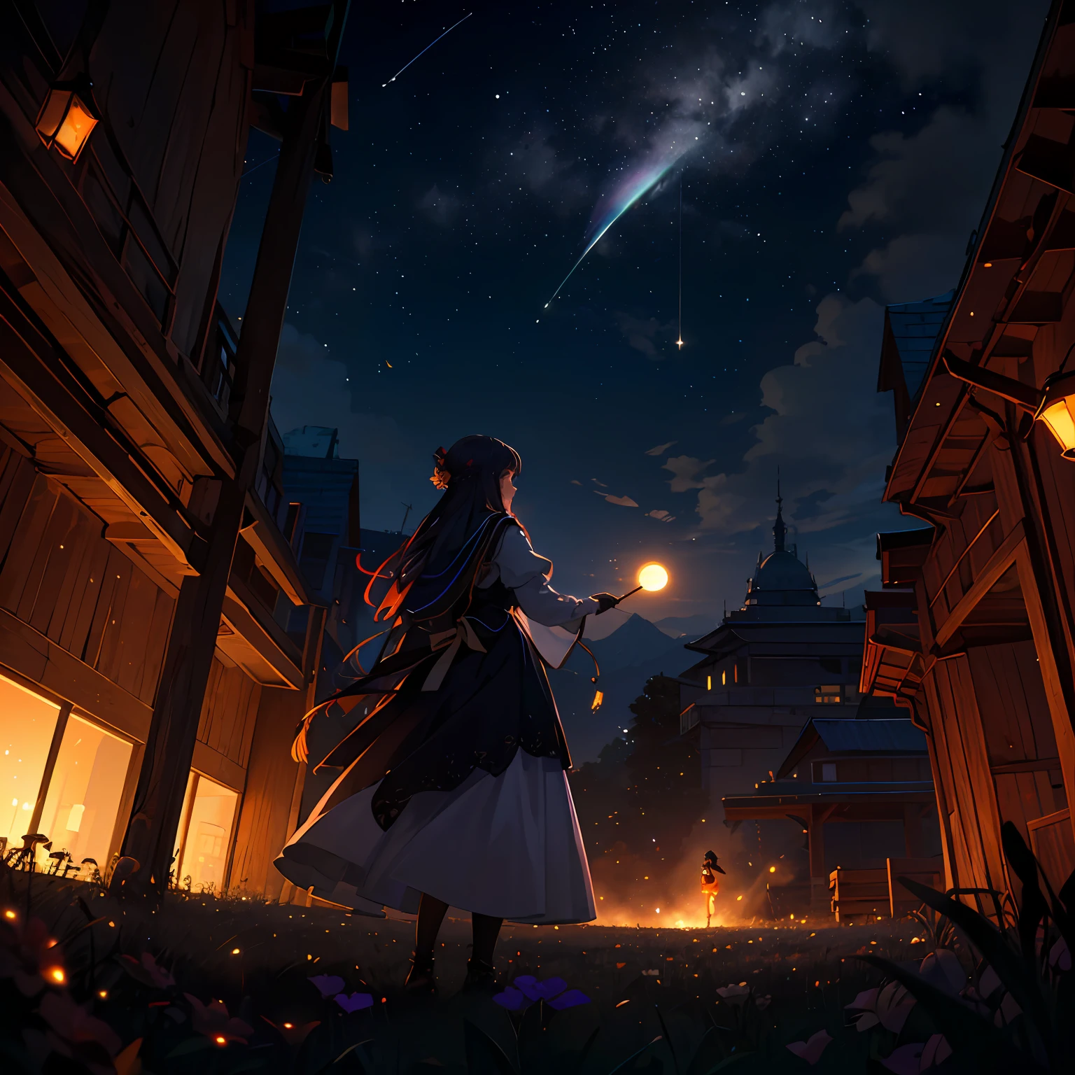 Vast landscape photo, (viewed from below, the sky is above and the open field is below), a girl standing on a flower field looking up, (full moon: 1.2), (meteor: 0.9), (nebula: 1.3), distant mountains , Trees BREAK Crafting Art, (Warm Light: 1.2), (Fireflies: 1.2), Lights, Lots of Purple and Orange, Intricate Details, Volumetric Lighting, Realism BREAK (Masterpiece: 1.2), (Best Quality), 4k, Ultra-Detailed, (Dynamic Composition: 1.4), Very Detailed, Colorful Details, (Rainbow Colors: 1.2), (Glow Lighting, Atmospheric Lighting), Dreamy, Magical, (Solo: 1.2) --auto
