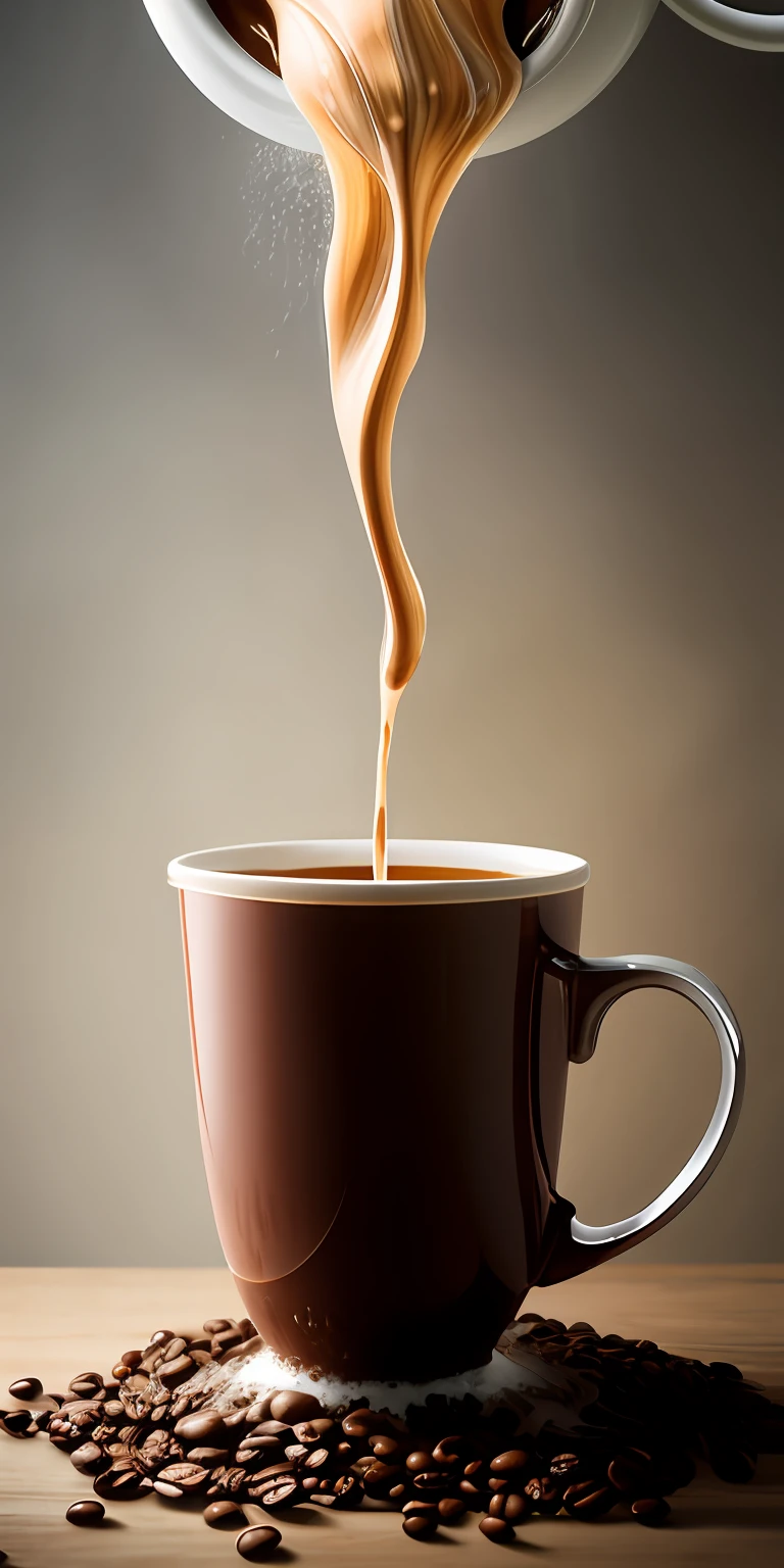 (Liquid Splash Fluid Art:1.2) Gravity-Defying Coffee Pour: A cup of dark, robust coffee suspended in mid-air, the rich, steaming liquid spiraling upwards in a mesmerizing anti-gravity display. The stream of coffee swirls and dances, an enticing aroma wafting from it. The scene, meticulously crafted using Cinema 4D's fluid simulation at an aperture of f/2.8, ISO 400, and a shutter speed of 1/60 sec, creates a fascinating juxtaposition of the ordinary and the surreal. The final render, enhanced using Gamma Correction and Tone Mapping, presents a dreamlike take on a morning ritual, paying homage to the styles of Alex Roman and Beeple.