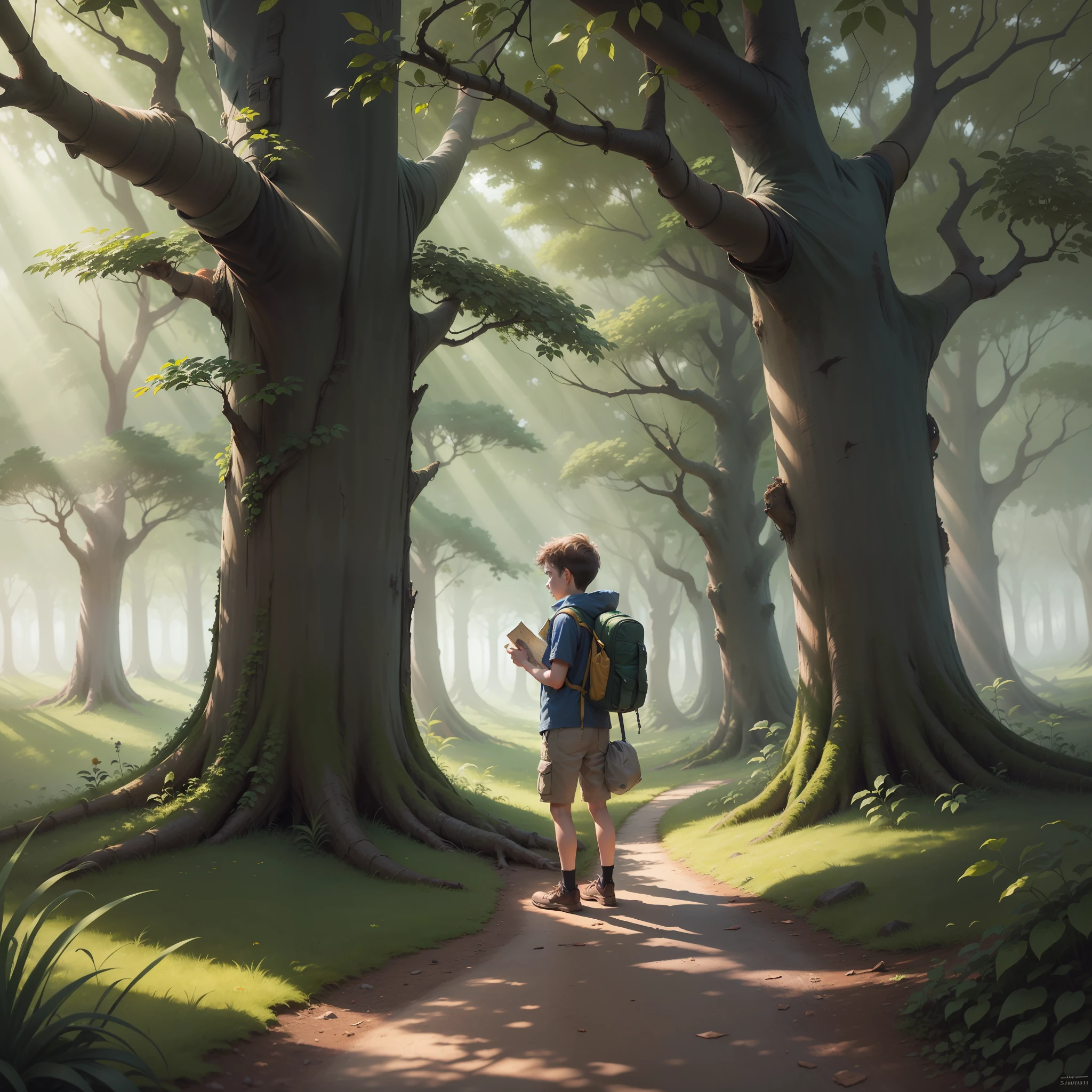 A brave and curious boy standing at the entrance of a mystical and enchanted forest. He is dressed in simple clothes, carrying a worn-out backpack that shows signs of previous adventures. In his hands, he holds an old map, with carefully drawn details.
The surrounding forest is lush, with tall, towering trees that seem to hide ancient secrets. Sunbeams filter between the leaves, creating a play of light and shadows. Wild and colorful plants grow along the way, adding a touch of magic to the landscape. The boy looks expectantly at the forest, his face overflowing with curiosity and courage.