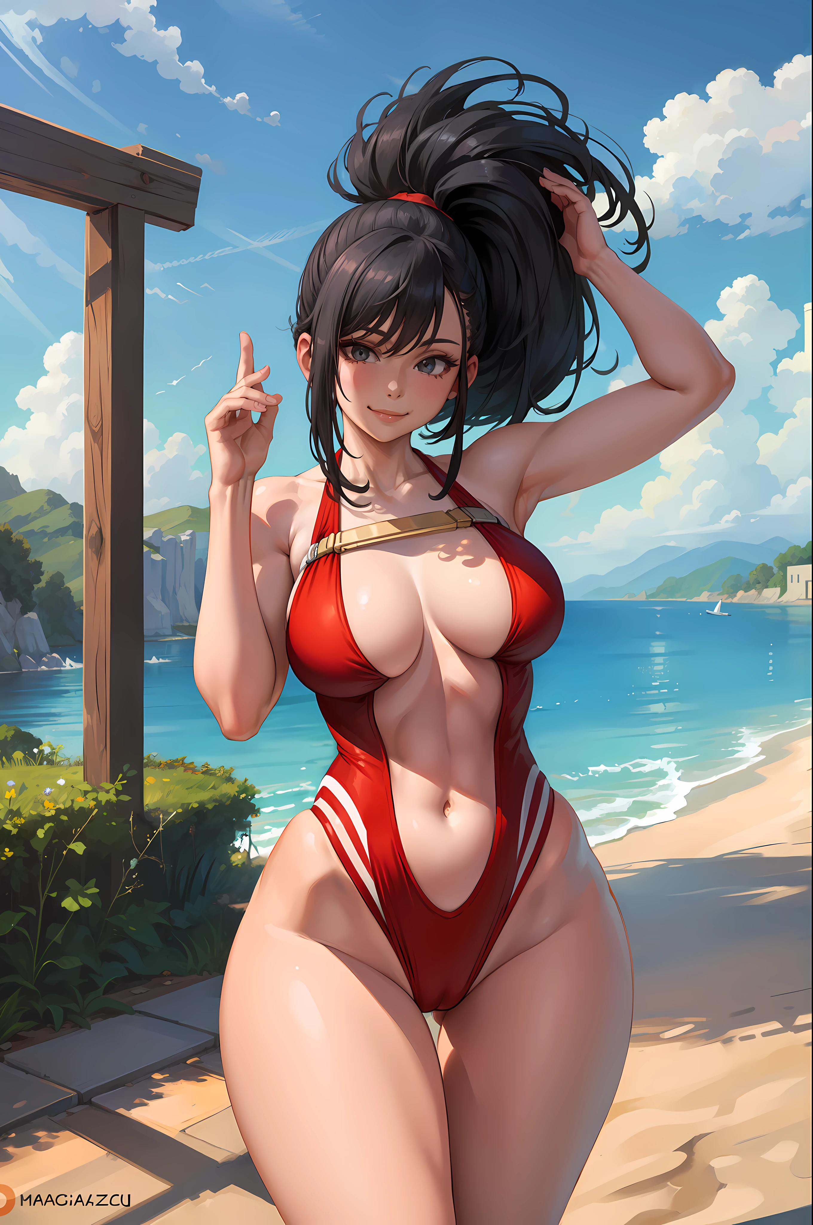 (masterpiece, best quality:1.2), cowboy shot, solo, 1girl, yaorozu momo, smile, closed mouth, look at the viewer, hands behind the head, squats, legs spread, red swimsuit