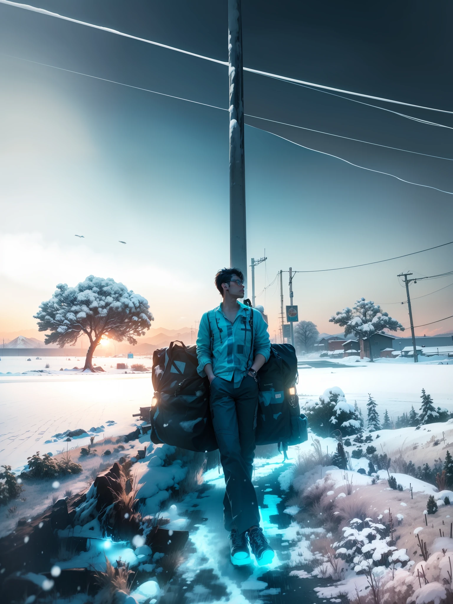 Change the color of shirt in white (snow falling in background) cyberpunk green city in background with mountain ( sky is light blue with some clouds) some snow on trees and road