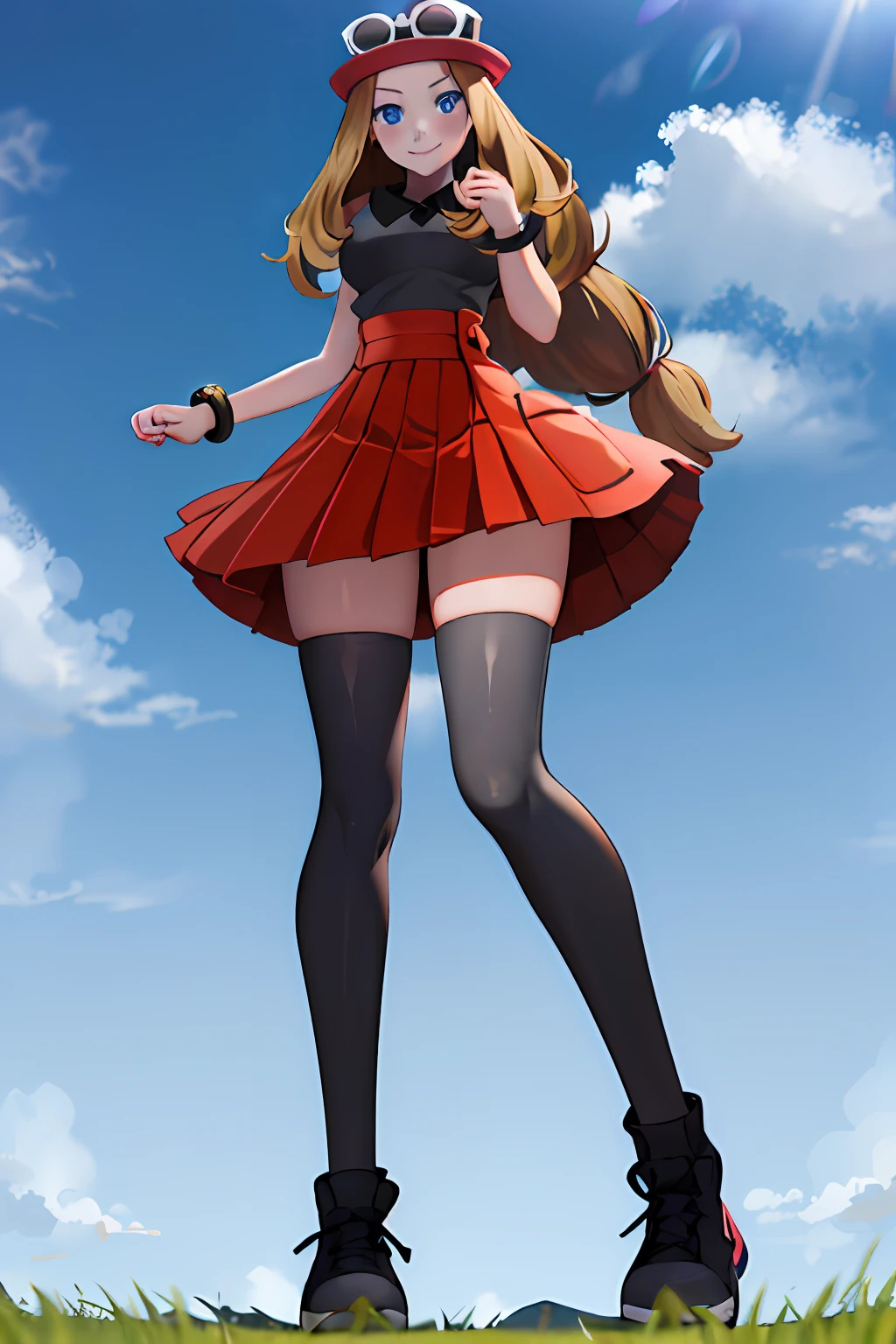 masterpiece, best quality, highres, blue eyes, serena \(pokemon\), 1girl, solo, thighhighs, long hair, hat, jewelry, bracelet, black thighhighs, collared shirt, pleated skirt, red skirt, sleeveless, high-waist skirt, sleeveless shirt, eyelashes, pink headwear, black shirt, eyewear on headwear, (full body:1.5), giantess, smile, closed mouth, (from below:1.5), thick thighs, looking down at viewer, upskirt, character_pokemon_serena, gts, large breasts, field, looming,