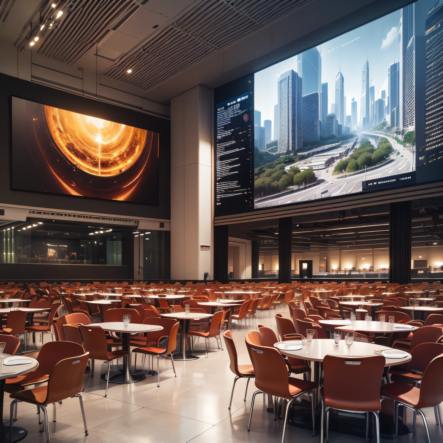 Center point composition,Realisticstyle,Generous and grandiose scene,There are large screens,There are chairs and tables, Public places,opening