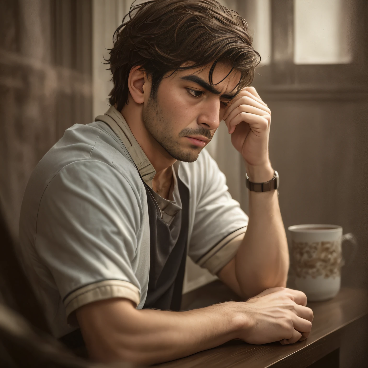MAN IN SOCIAL CLOTHES, WITH DOUBTS, SAD, THOUGHTFUL, 8K, HD, true life, calm feeling, contemplating, sad scene