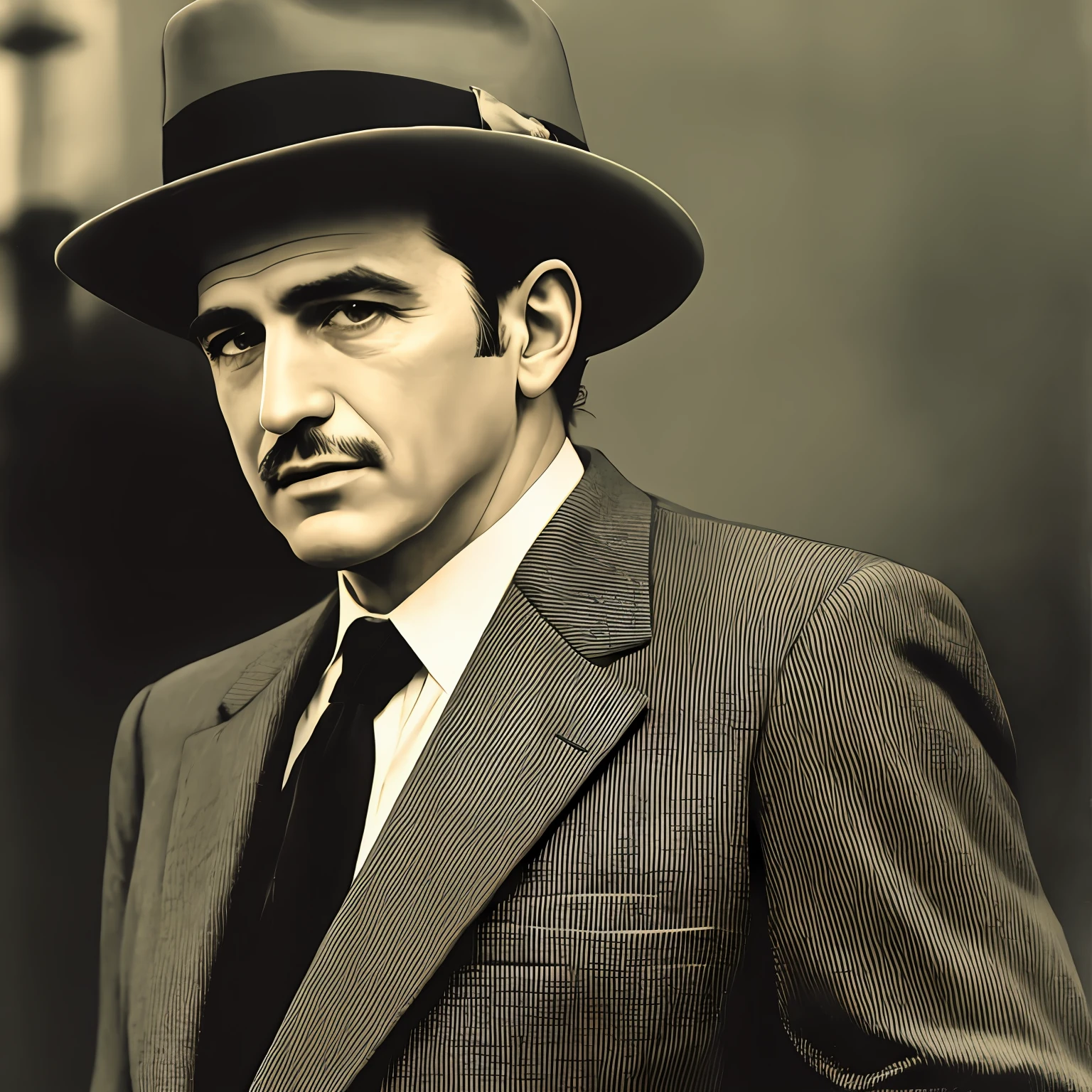 A mafia godfather in a striped suit and fedora in 1930