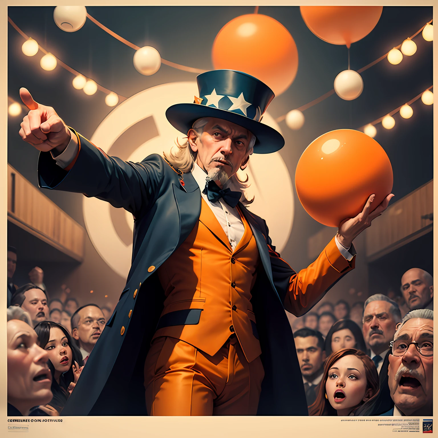 uncle Sam propaganda, Uncle sam convocation poster, uncle sam dressed in orange suit, orange balls fly around, orange balls in the air, orange balls around Uncle sam, poster art style. Very poster, thirds rule, pointing the finger, experiented, convicted, long goatee --auto