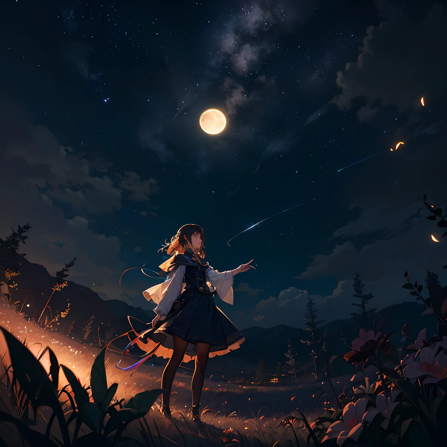 Vast landscape photo, (viewed from below, the sky is above and the open field is below), a girl standing on a flower field looking up, (full moon: 1.2), (meteor: 0.9), (nebula: 1.3), distant mountains , Trees BREAK Crafting Art, (Warm Light: 1.2), (Fireflies: 1.2), Lights, Lots of Purple and Orange, Intricate Details, Volumetric Lighting, Realism BREAK (Masterpiece: 1.2), (Best Quality), 4k, Ultra-Detailed, (Dynamic Composition: 1.4), Very Detailed, Colorful Details, (Rainbow Colors: 1.2), (Glow Lighting, Atmospheric Lighting), Dreamy, Magical, (Solo: 1.2) --auto