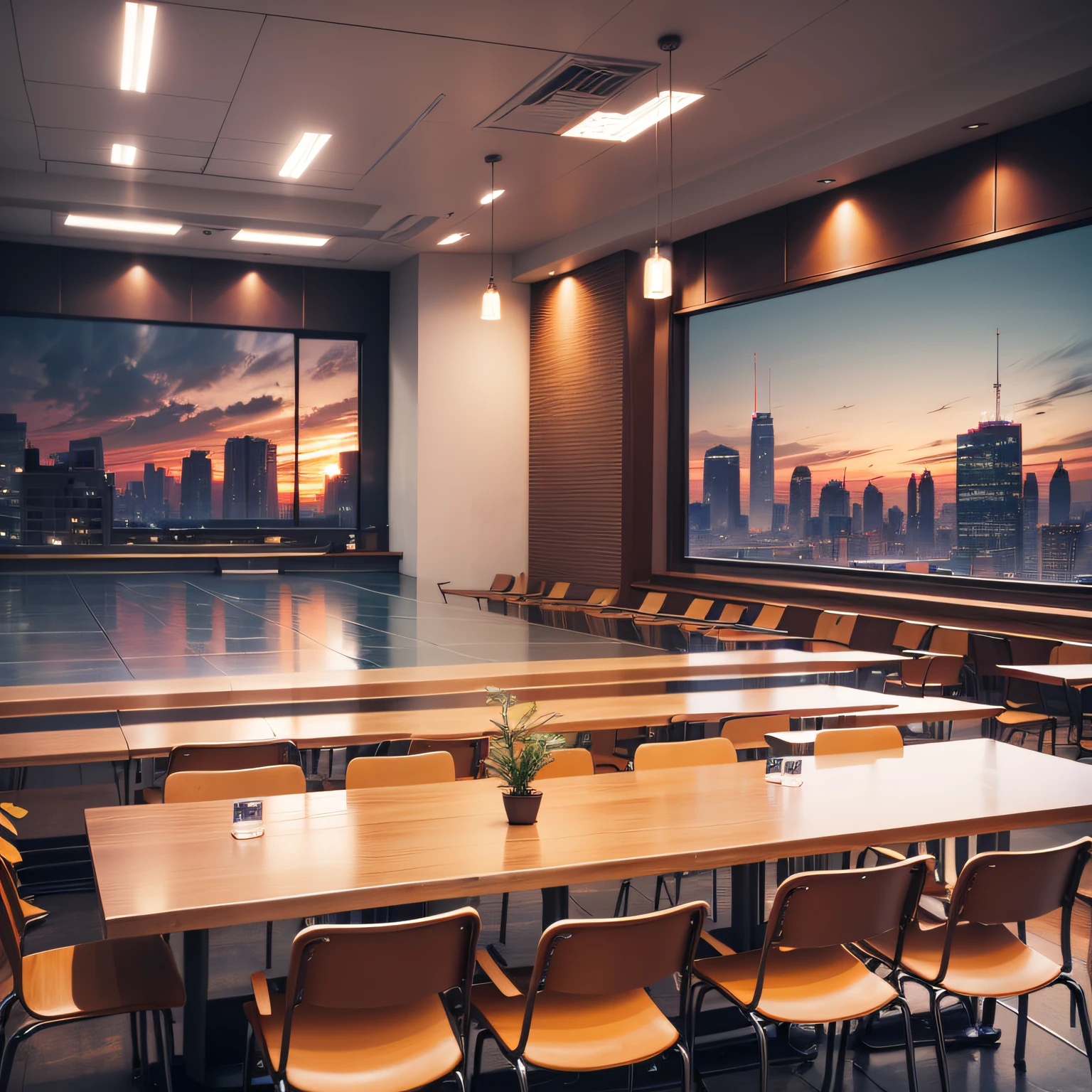 Center point composition，Realisticstyle，Generous and grandiose scene，There are large screens，There are chairs and tables， Public places，opening