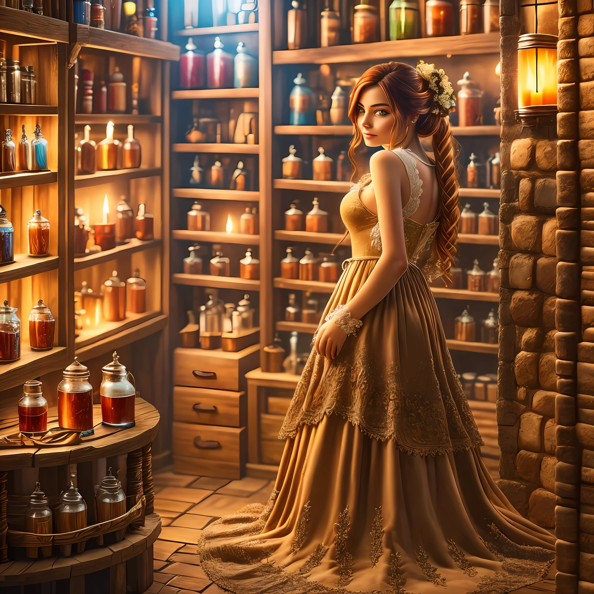 beautiful ginger women in detailed dress at cozy detailed potions shop, air above hair, IPA award wining, masterpiece, best lighting, best shadows, best reflections,