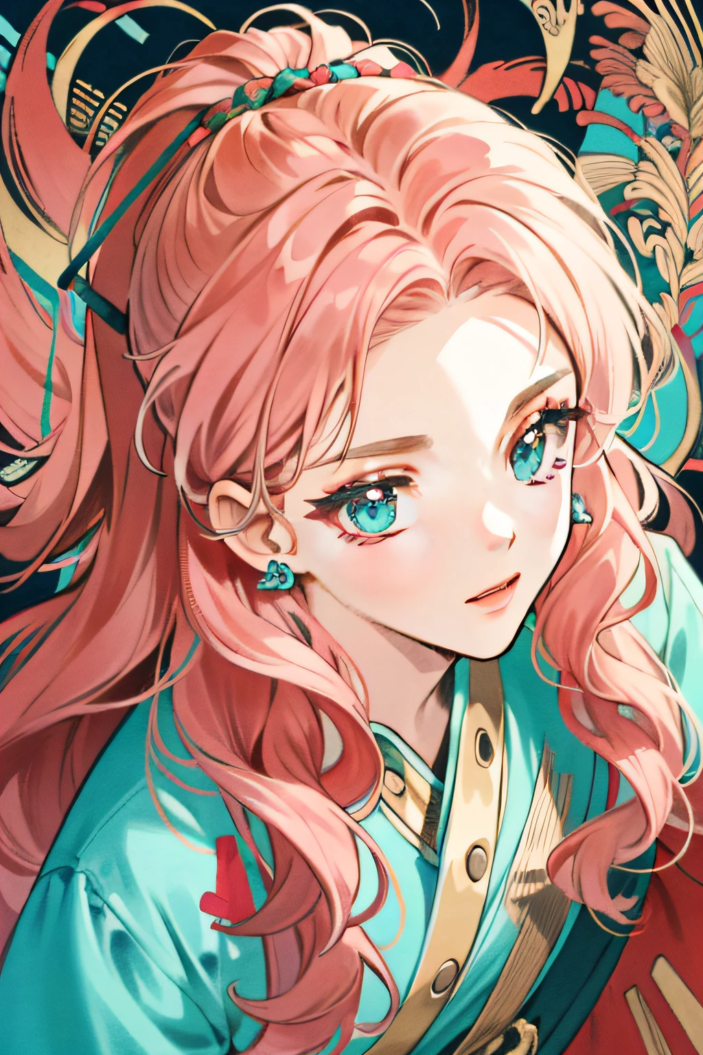 ((masterpiece:1.2, best quality)), ultra detailed, Ultra-precise depiction, Ultra-detailed depiction, (zentangle:1.2), (dynamic pose), (abstract background:1.5), wavy long hair, pink hair, 1girl, colorful, portrait, (from above:1.2)