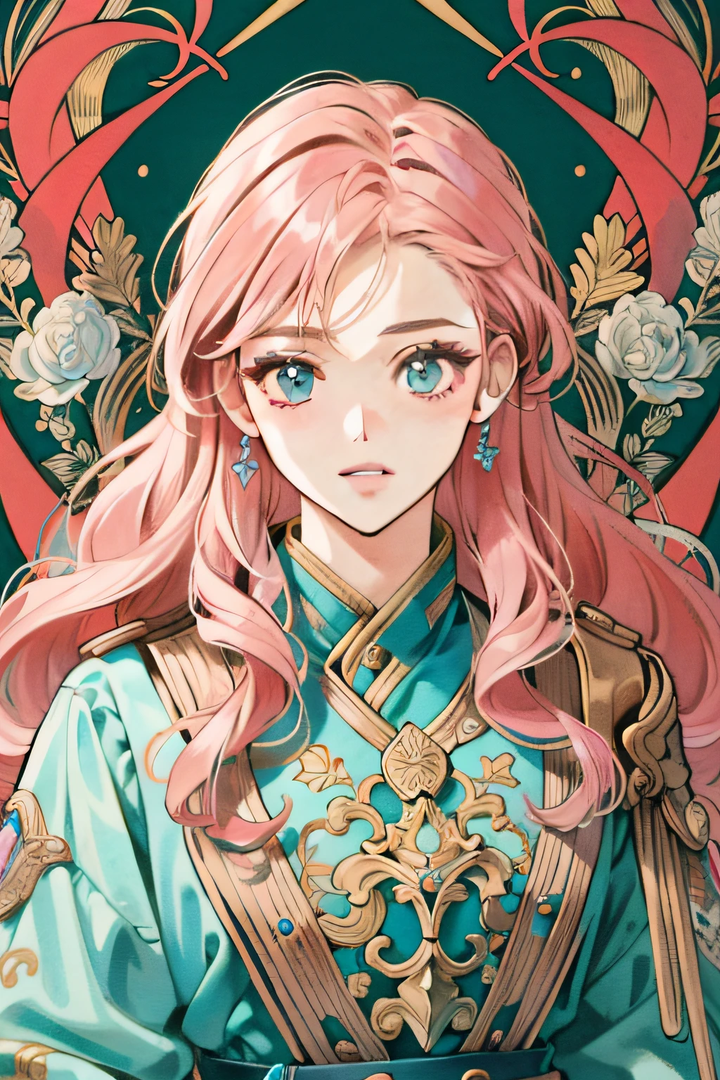 ((masterpiece:1.2, best quality)), ultra detailed, Ultra-precise depiction, Ultra-detailed depiction, (zentangle:1.2), (dynamic pose), (abstract background:1.5), wavy long hair, pink hair, 1girl, colorful, portrait, (from above:1.2)