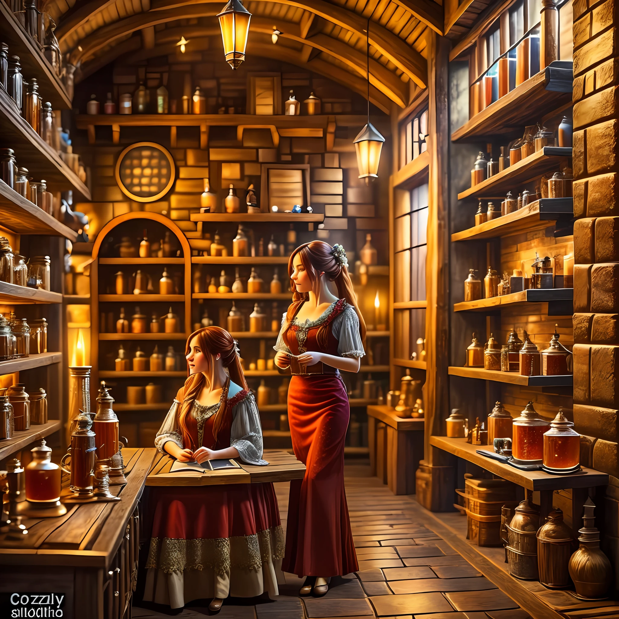 beautiful ginger women in detailed dress at cozy detailed potions shop, air above hair, IPA award wining, masterpiece, best lighting, best shadows, best reflections,