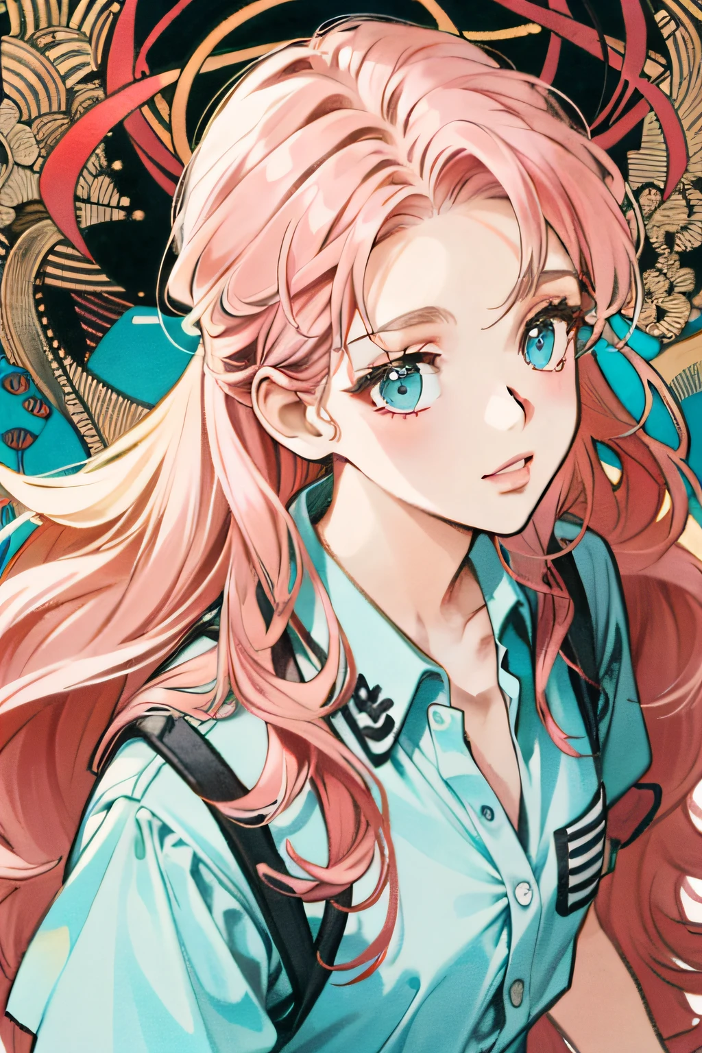 ((masterpiece:1.2, best quality)), ultra detailed, Ultra-precise depiction, Ultra-detailed depiction, (zentangle:1.2), (dynamic pose), (abstract background:1.5), wavy long hair, pink hair, 1girl, colorful, portrait, (from above:1.2)