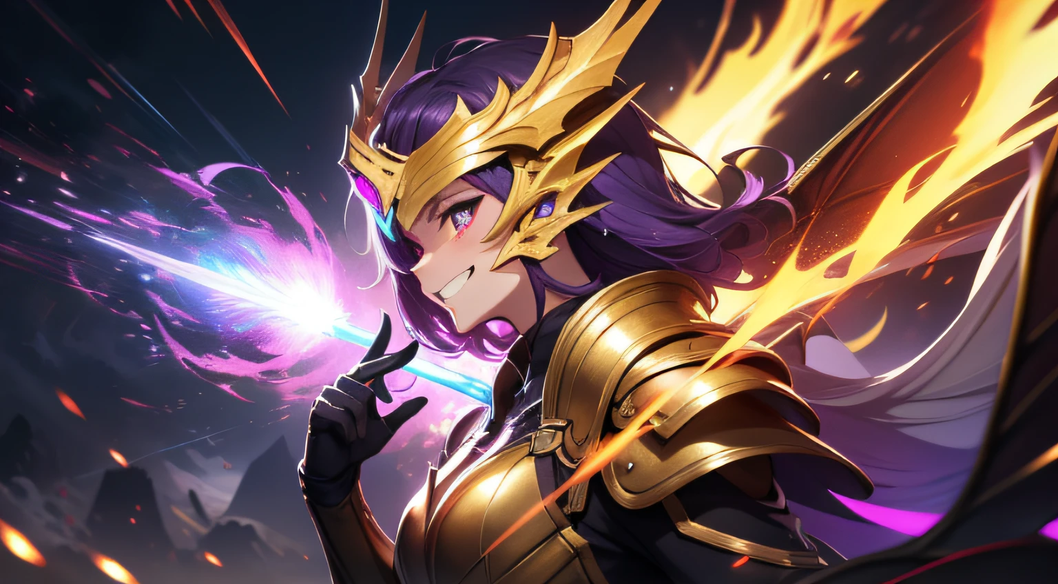 dark gold armor, female, dark red dragon horn, five-clawed golden dragon background, fire effect, thunder effect, purple hair, gradient eyes, grin, high detail, anime, cinematic lighting, glowing light, god ray, reflected light, backlight, projection illustration, uhd, masterpiece, ccurate, textured skin, super detail, best quality, high resolution, award-winning